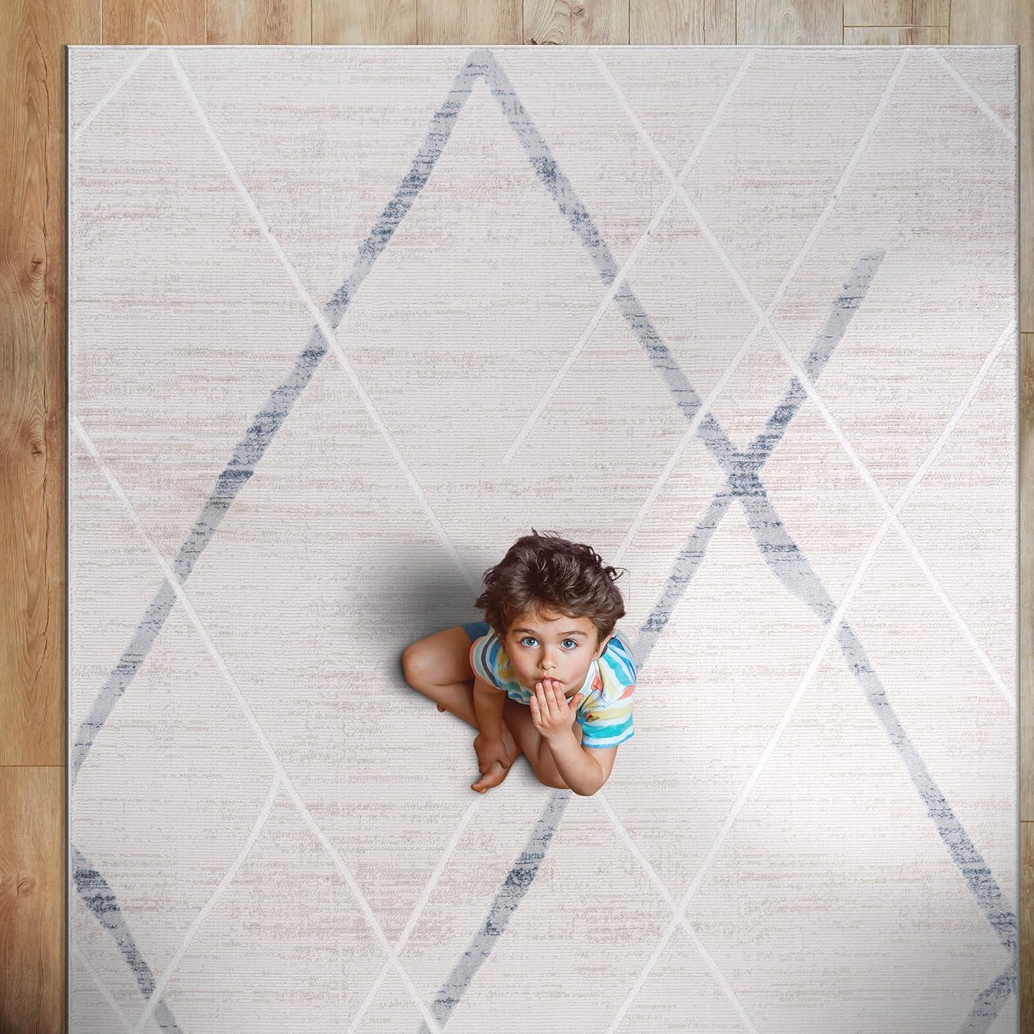 image:imageCAMILSON Baby Shag Rug 8x10 Modern Luxury Striped Boho Area Easy Shaggy Rugs Soft Medium Pile Stain Resistant EasyCleaning NonShedding for Living Room Office Indoor Carpet 8 x 10 Beige GrayPas7 Blue Beige