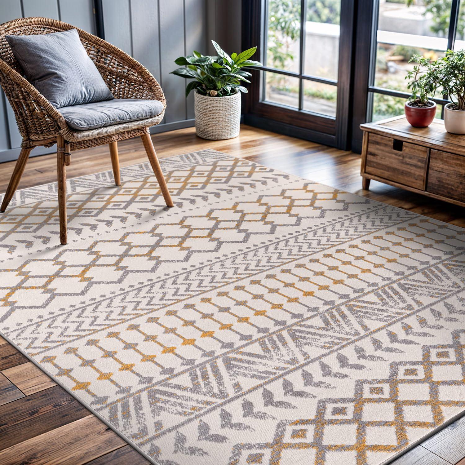 image:imageCAMILSON Baby Shag Rug 8x10 Modern Luxury Striped Boho Area Easy Shaggy Rugs Soft Medium Pile Stain Resistant EasyCleaning NonShedding for Living Room Office Indoor Carpet 8 x 10 Beige GrayBoho Yellow