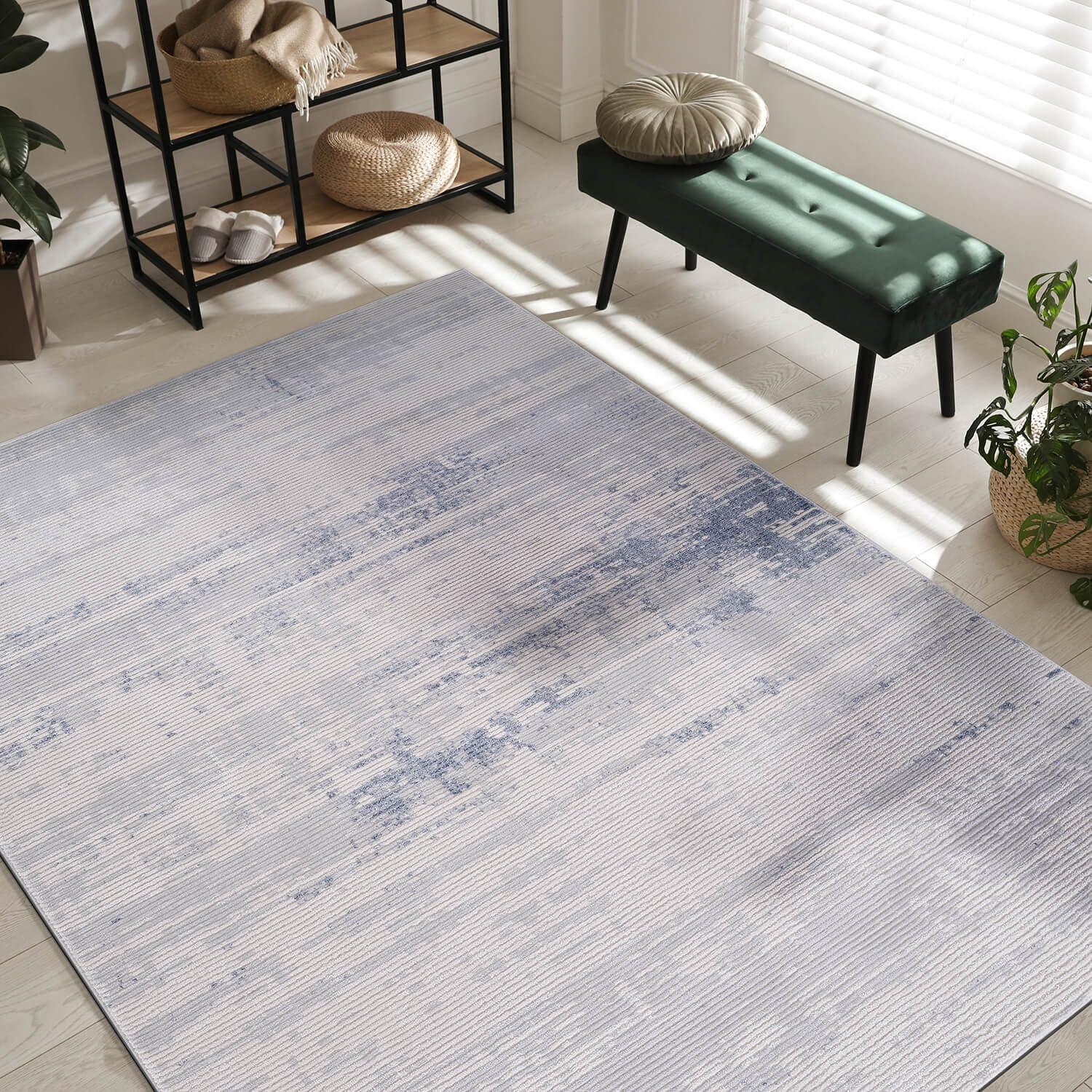 image:imageCAMILSON Baby Shag Rug 8x10 Modern Luxury Striped Boho Area Easy Shaggy Rugs Soft Medium Pile Stain Resistant EasyCleaning NonShedding for Living Room Office Indoor Carpet 8 x 10 Beige GrayPas13 White Blue