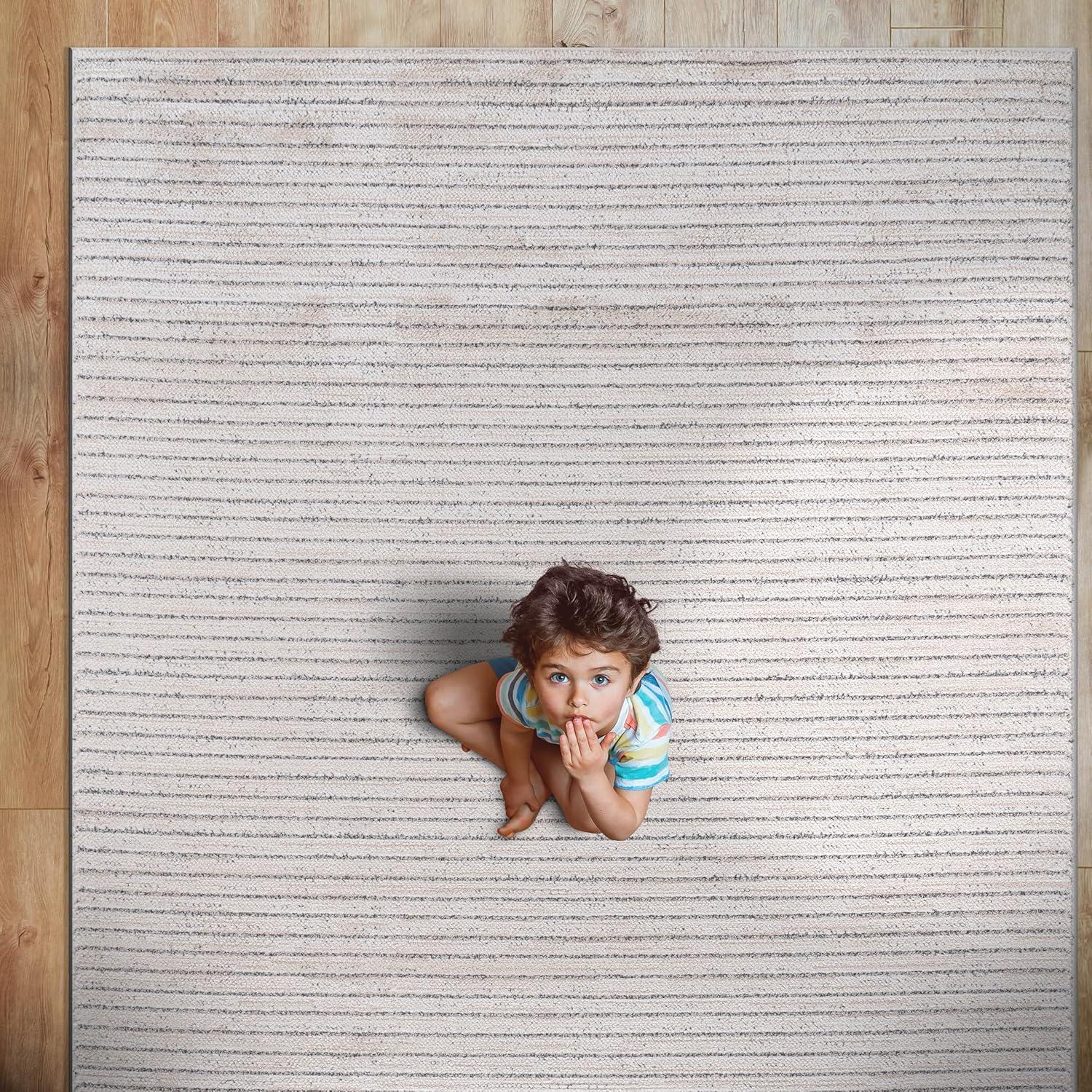image:imageCAMILSON Baby Shag Rug 8x10 Modern Luxury Striped Boho Area Easy Shaggy Rugs Soft Medium Pile Stain Resistant EasyCleaning NonShedding for Living Room Office Indoor Carpet 8 x 10 Beige GrayMat1 Beige Gray