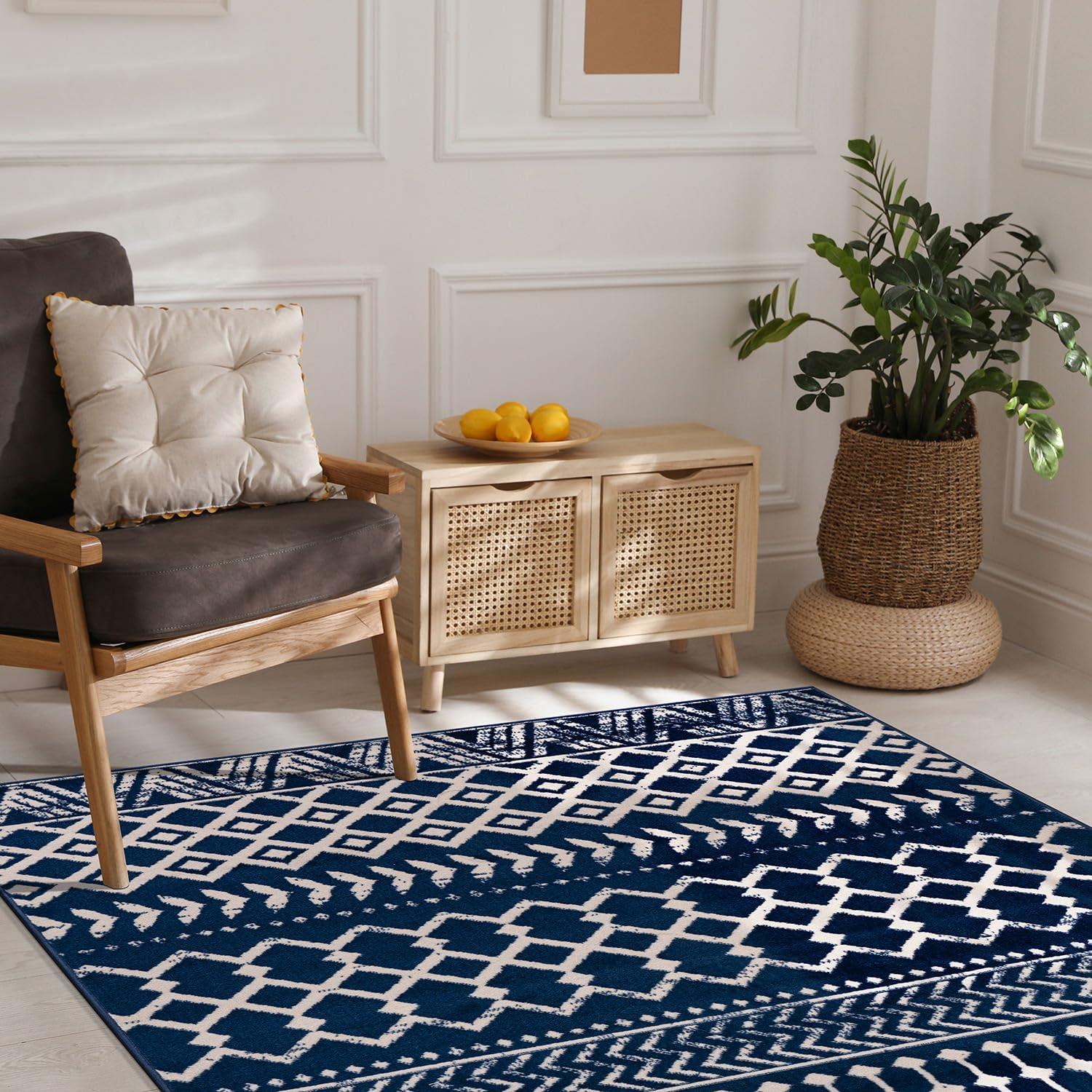 image:imageCAMILSON Baby Shag Rug 8x10 Modern Luxury Striped Boho Area Easy Shaggy Rugs Soft Medium Pile Stain Resistant EasyCleaning NonShedding for Living Room Office Indoor Carpet 8 x 10 Beige GrayBoho Navy Blue