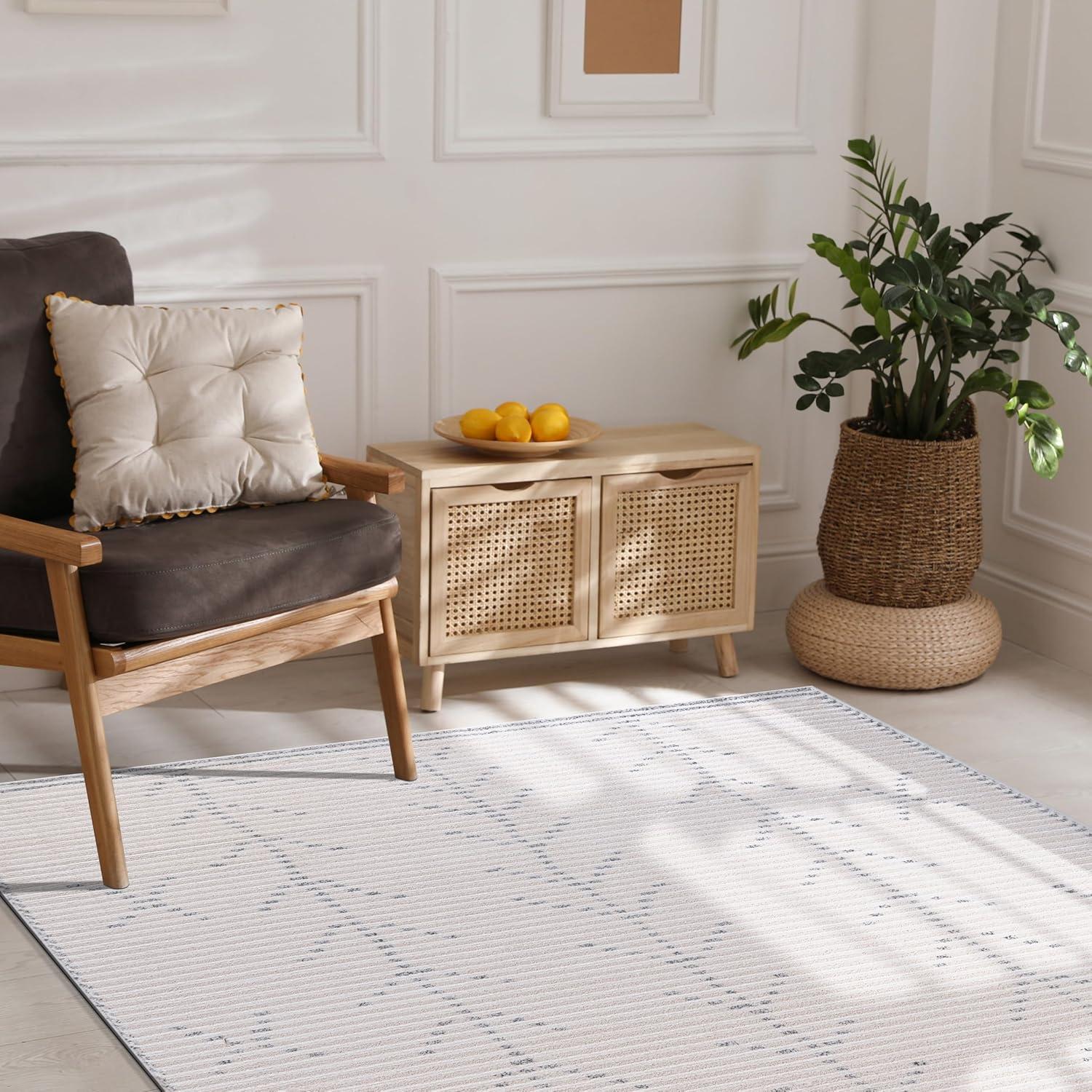 image:imageCAMILSON Baby Shag Rug 8x10 Modern Luxury Striped Boho Area Easy Shaggy Rugs Soft Medium Pile Stain Resistant EasyCleaning NonShedding for Living Room Office Indoor Carpet 8 x 10 Beige GrayMat3 Beige Gray