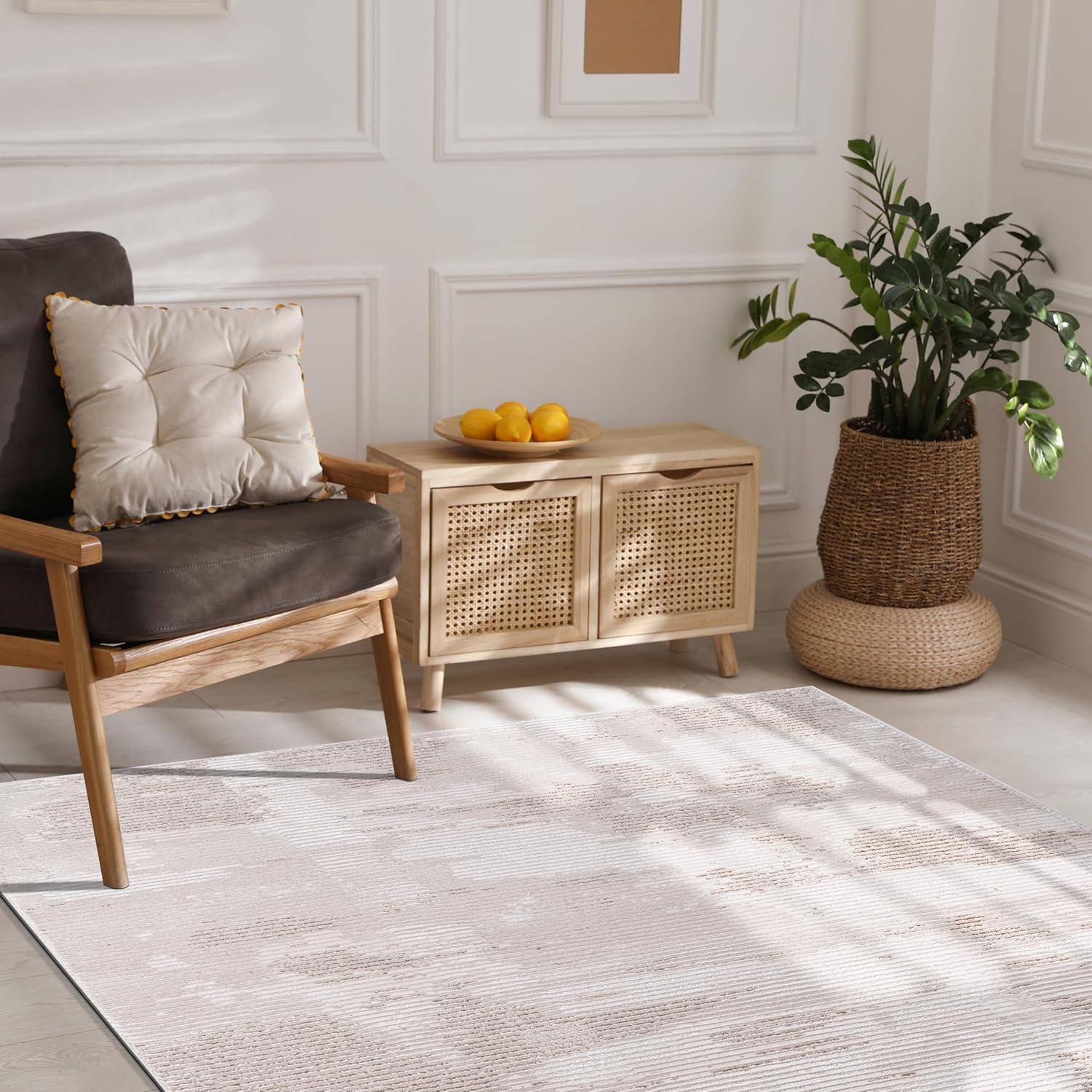 image:imageCAMILSON Baby Shag Rug 8x10 Modern Luxury Striped Boho Area Easy Shaggy Rugs Soft Medium Pile Stain Resistant EasyCleaning NonShedding for Living Room Office Indoor Carpet 8 x 10 Beige GrayPas4 Beige White
