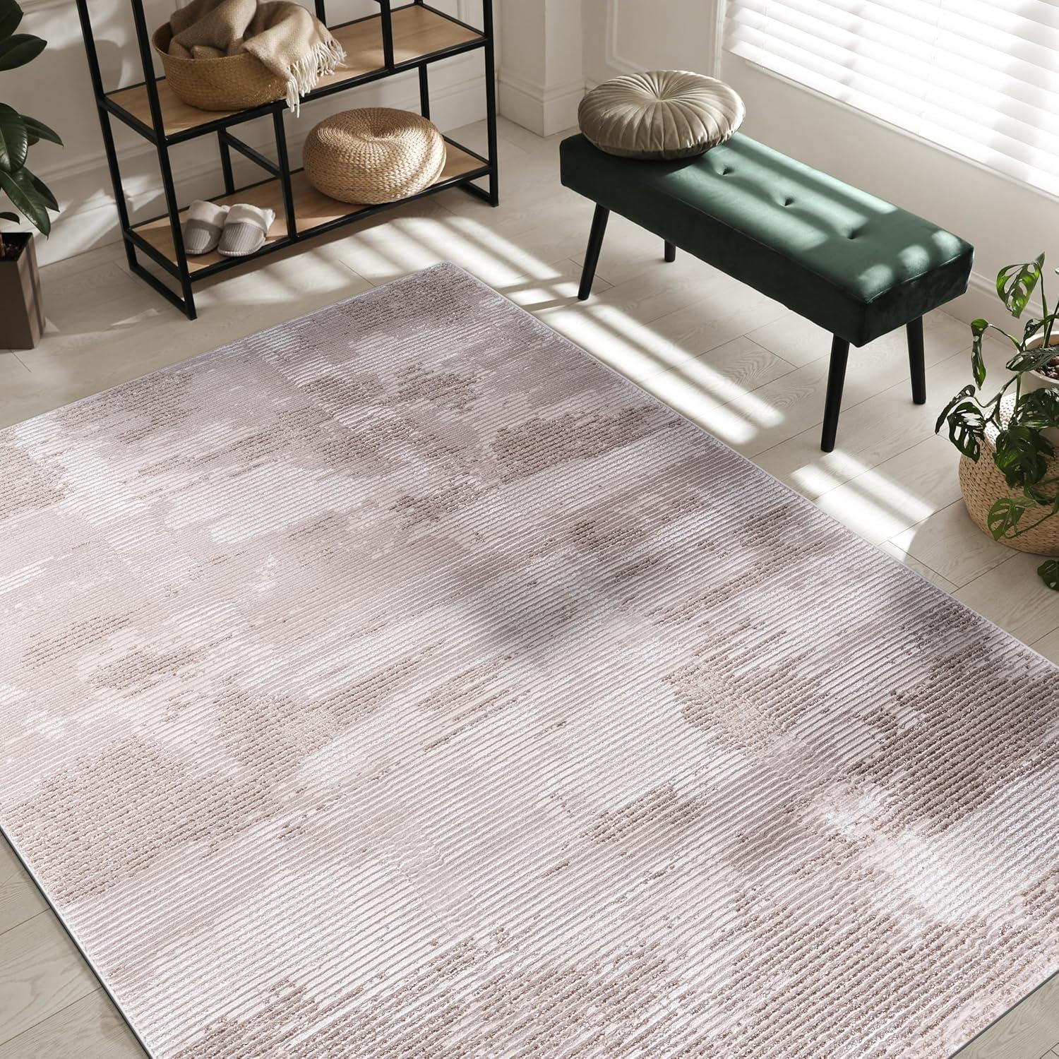 image:imageCAMILSON Baby Shag Rug 8x10 Modern Luxury Striped Boho Area Easy Shaggy Rugs Soft Medium Pile Stain Resistant EasyCleaning NonShedding for Living Room Office Indoor Carpet 8 x 10 Beige GrayPas4 Beige White