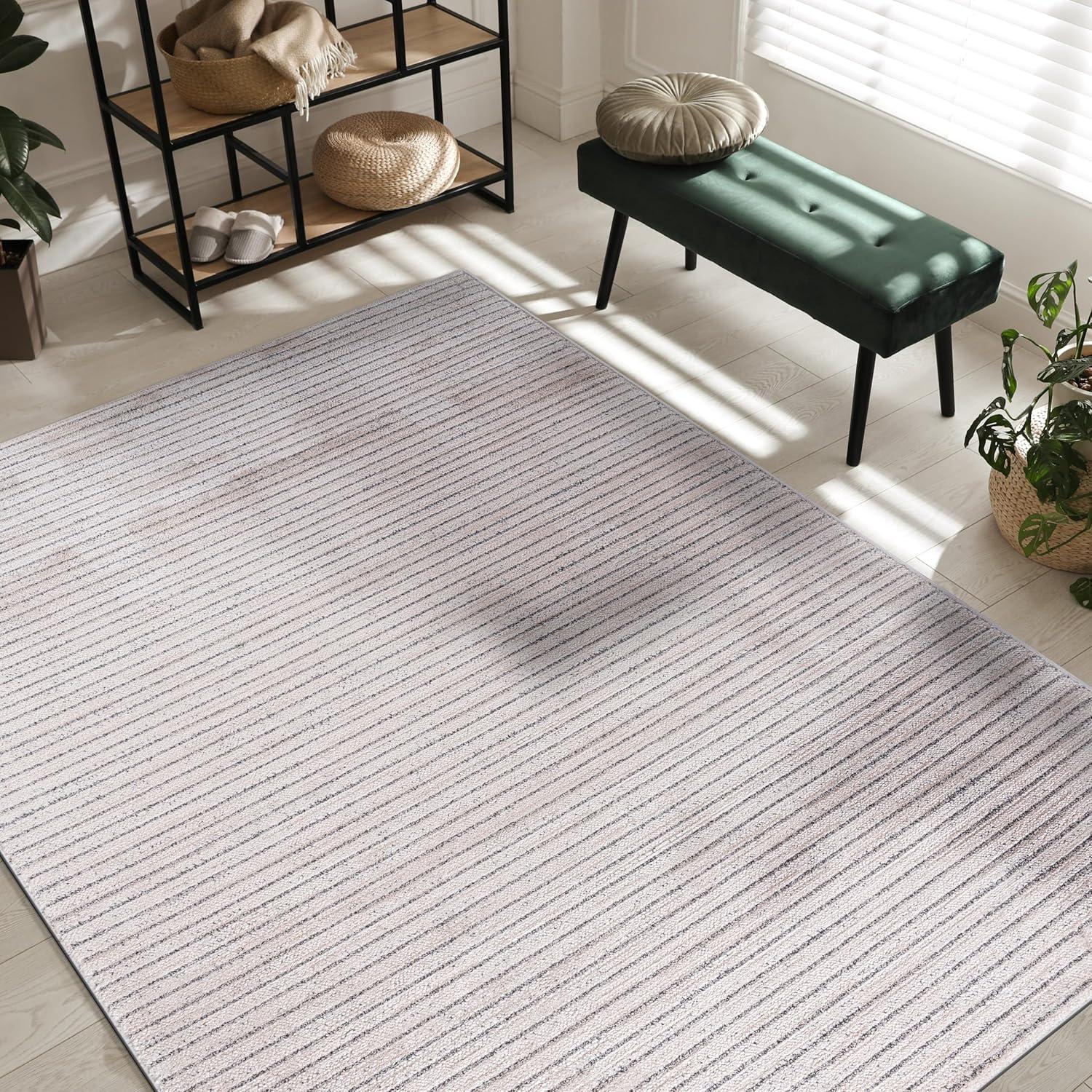 image:imageCAMILSON Baby Shag Rug 8x10 Modern Luxury Striped Boho Area Easy Shaggy Rugs Soft Medium Pile Stain Resistant EasyCleaning NonShedding for Living Room Office Indoor Carpet 8 x 10 Beige GrayMat1 Beige Gray