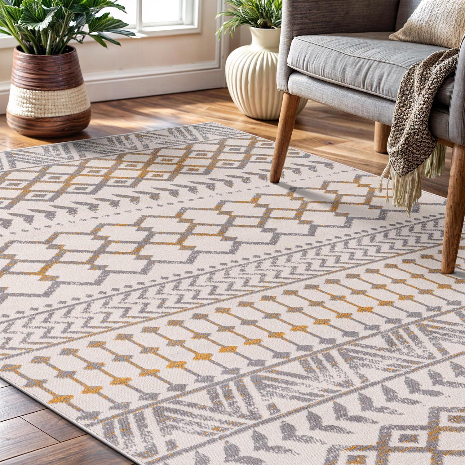 image:imageCAMILSON Baby Shag Rug 8x10 Modern Luxury Striped Boho Area Easy Shaggy Rugs Soft Medium Pile Stain Resistant EasyCleaning NonShedding for Living Room Office Indoor Carpet 8 x 10 Beige GrayBoho Yellow