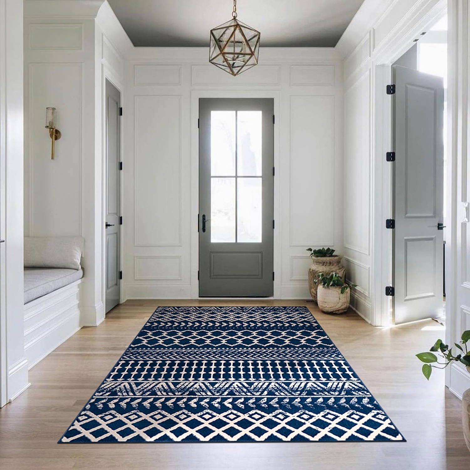 image:imageCAMILSON Baby Shag Rug 8x10 Modern Luxury Striped Boho Area Easy Shaggy Rugs Soft Medium Pile Stain Resistant EasyCleaning NonShedding for Living Room Office Indoor Carpet 8 x 10 Beige GrayBoho Navy Blue