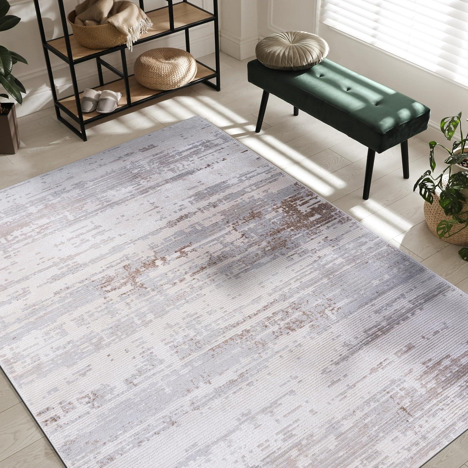 image:imageCAMILSON Baby Shag Rug 8x10 Modern Luxury Striped Boho Area Easy Shaggy Rugs Soft Medium Pile Stain Resistant EasyCleaning NonShedding for Living Room Office Indoor Carpet 8 x 10 Beige GrayPas1 Beige Gray
