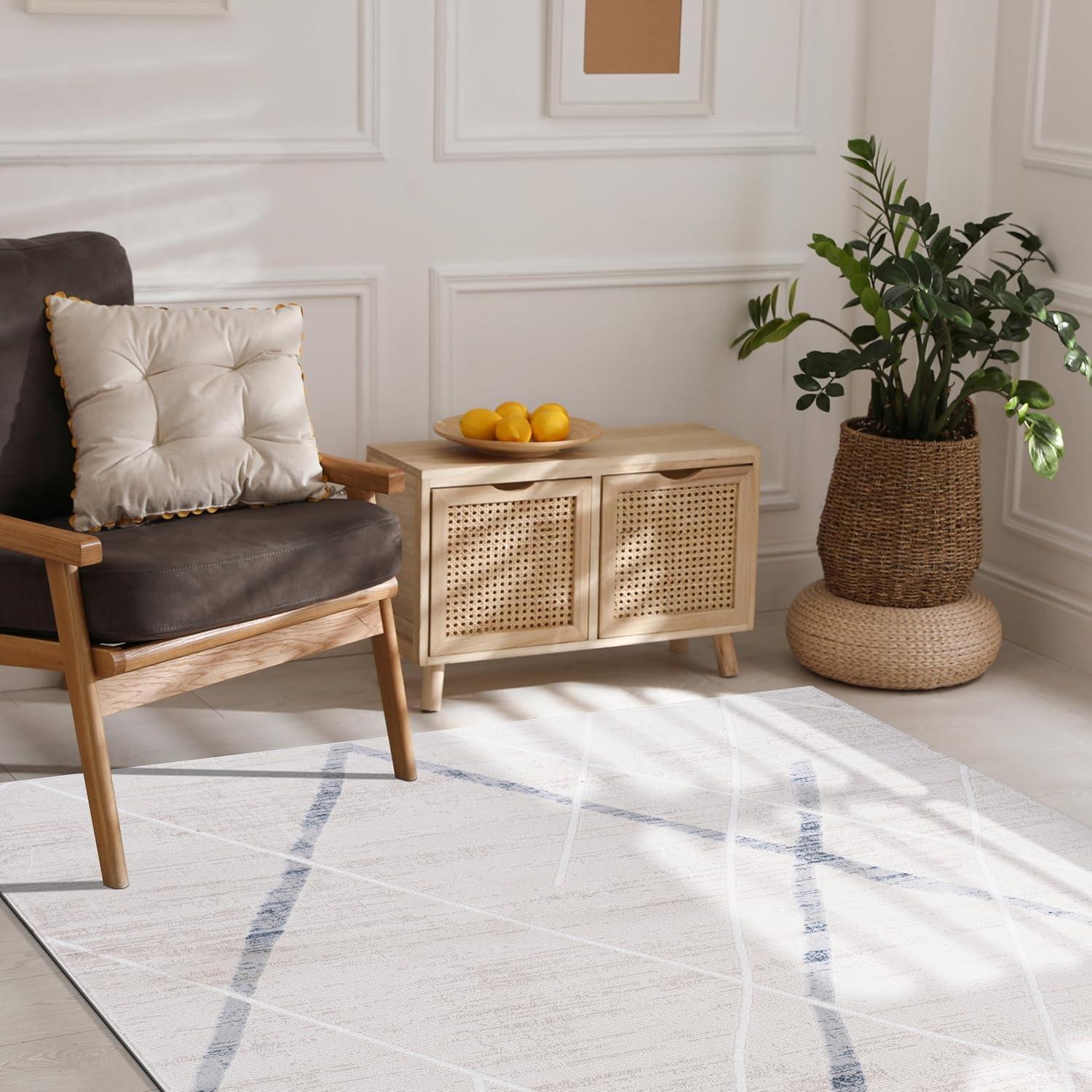 image:imageCAMILSON Baby Shag Rug 8x10 Modern Luxury Striped Boho Area Easy Shaggy Rugs Soft Medium Pile Stain Resistant EasyCleaning NonShedding for Living Room Office Indoor Carpet 8 x 10 Beige GrayPas7 Blue Beige