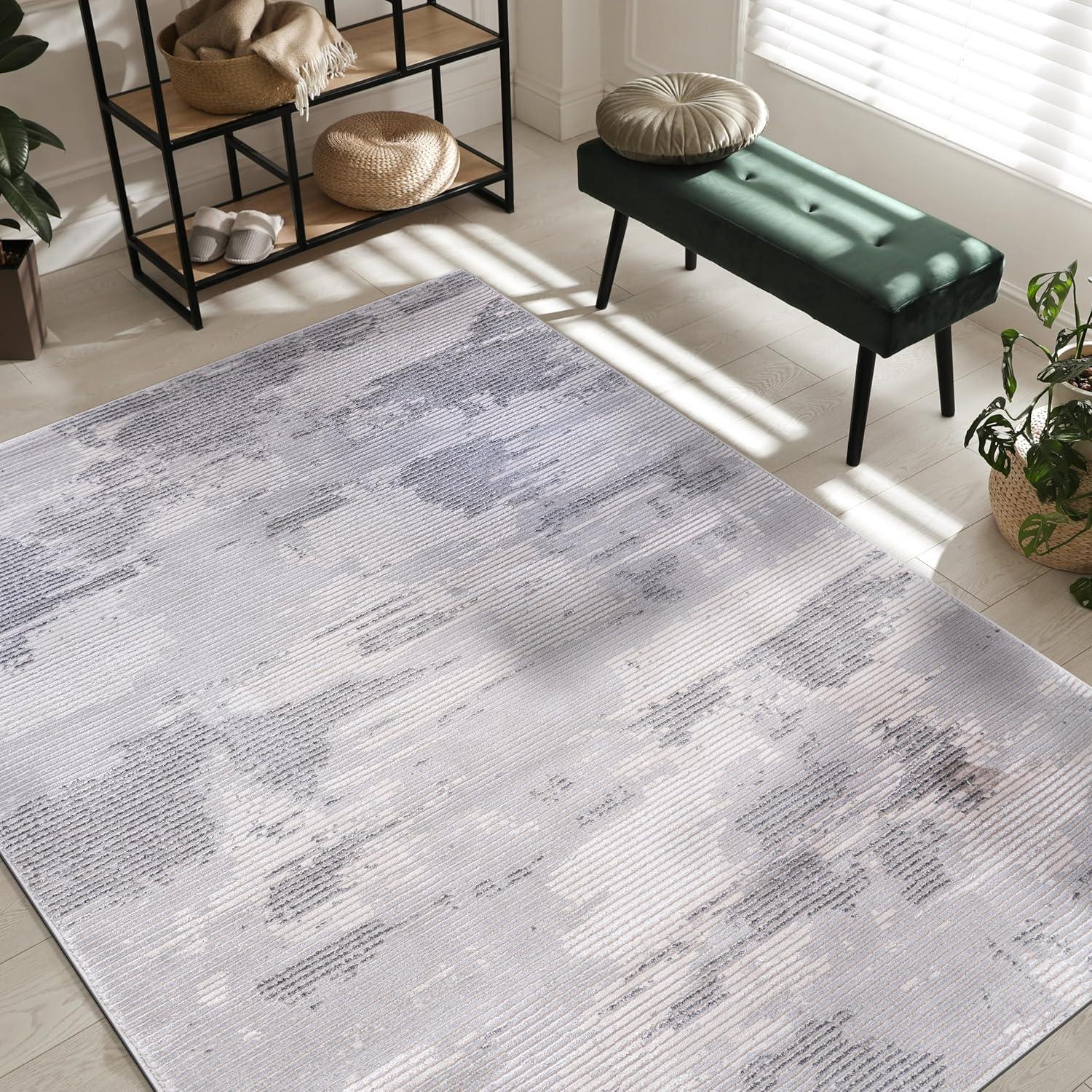 image:imageCAMILSON Baby Shag Rug 8x10 Modern Luxury Striped Boho Area Easy Shaggy Rugs Soft Medium Pile Stain Resistant EasyCleaning NonShedding for Living Room Office Indoor Carpet 8 x 10 Beige GrayPas3 Gray White