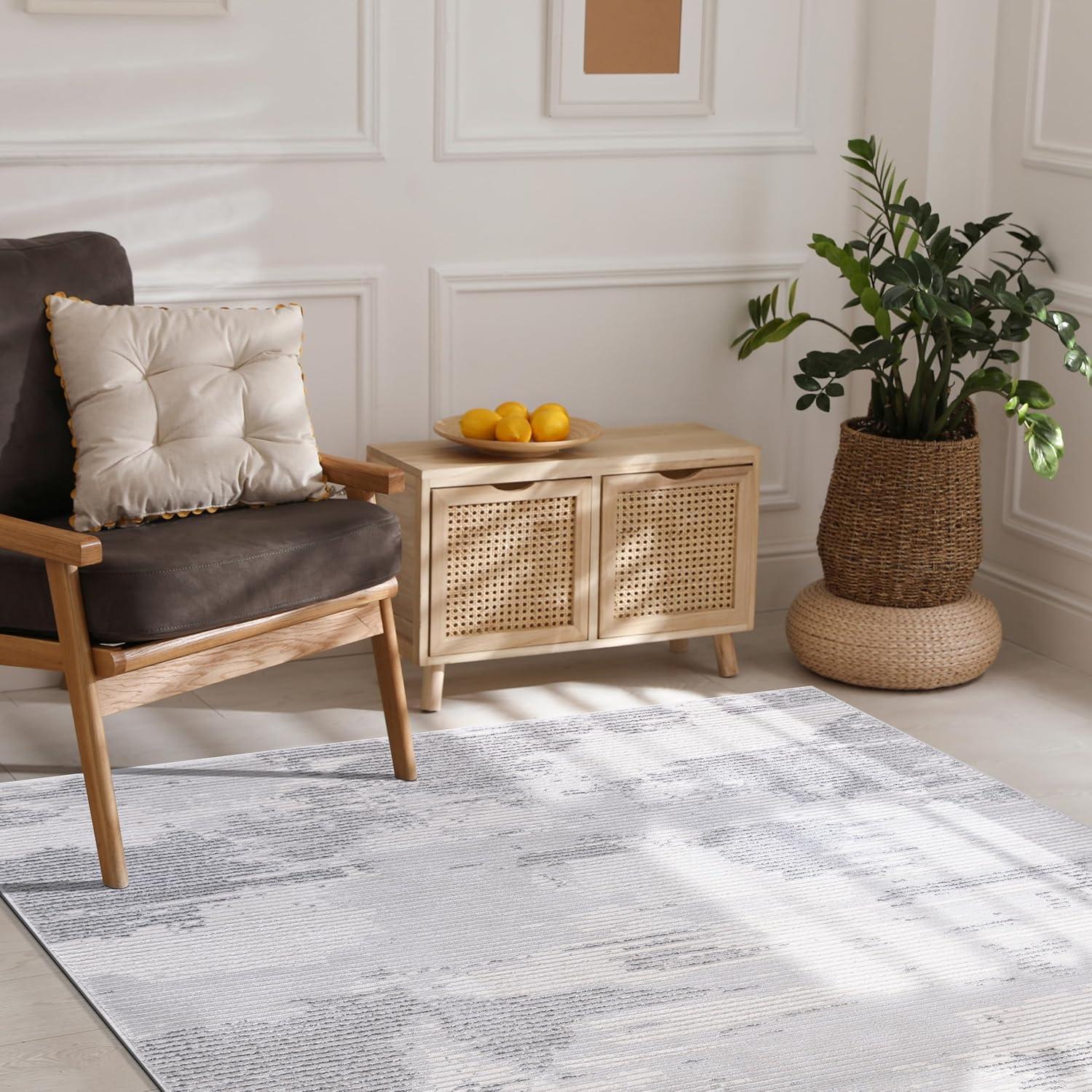 image:imageCAMILSON Baby Shag Rug 8x10 Modern Luxury Striped Boho Area Easy Shaggy Rugs Soft Medium Pile Stain Resistant EasyCleaning NonShedding for Living Room Office Indoor Carpet 8 x 10 Beige GrayPas3 Gray White