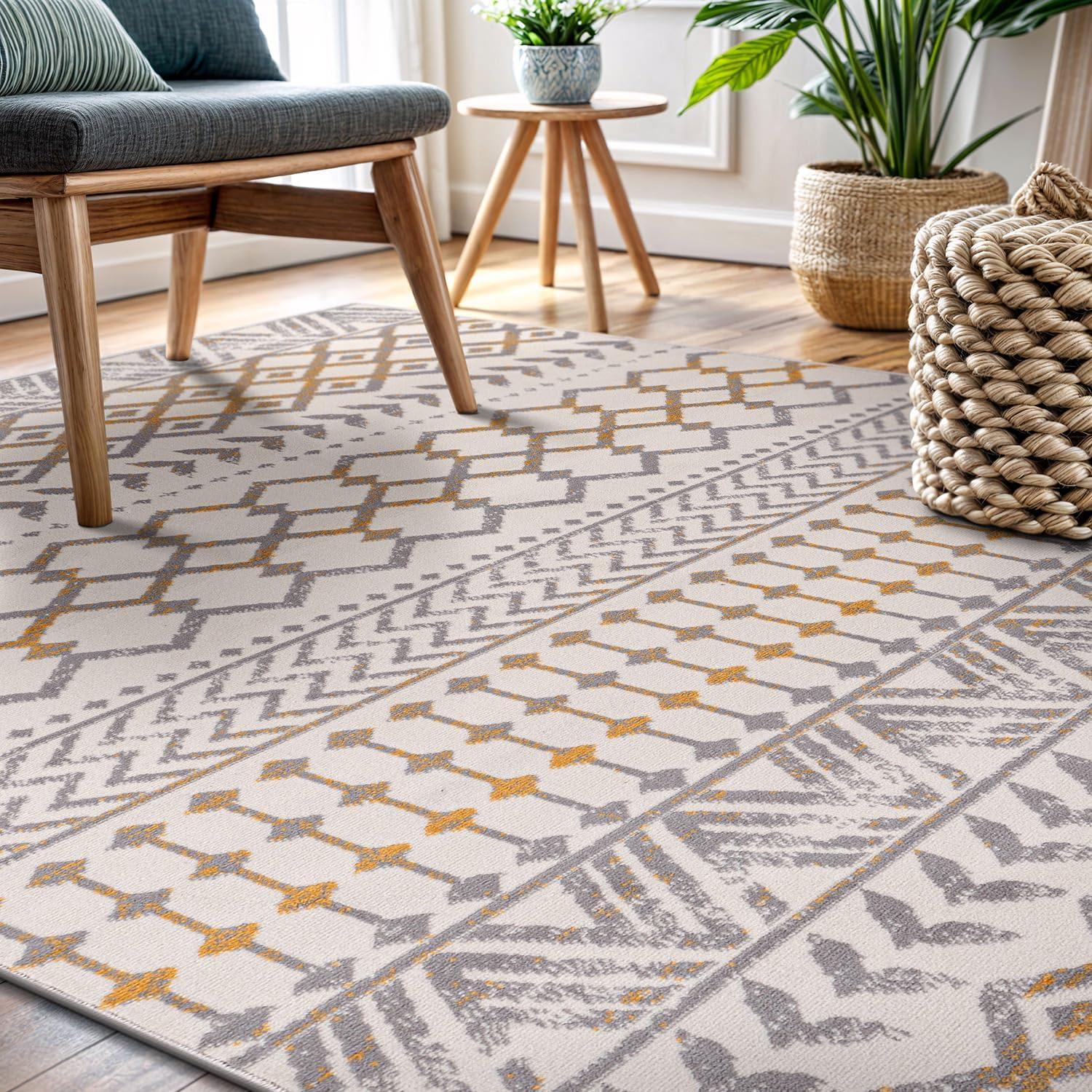 image:imageCAMILSON Baby Shag Rug 8x10 Modern Luxury Striped Boho Area Easy Shaggy Rugs Soft Medium Pile Stain Resistant EasyCleaning NonShedding for Living Room Office Indoor Carpet 8 x 10 Beige GrayBoho Yellow