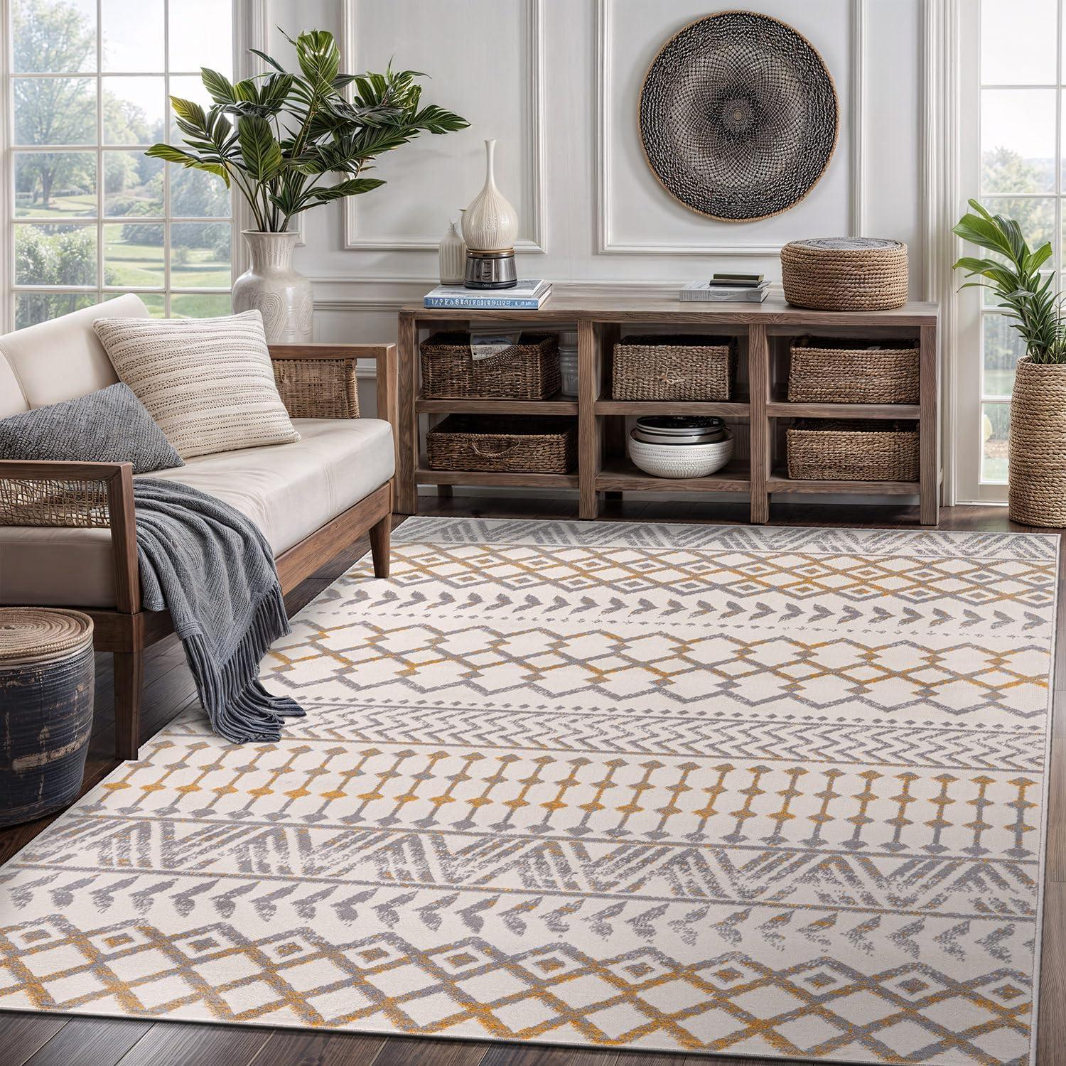 image:imageCAMILSON Baby Shag Rug 8x10 Modern Luxury Striped Boho Area Easy Shaggy Rugs Soft Medium Pile Stain Resistant EasyCleaning NonShedding for Living Room Office Indoor Carpet 8 x 10 Beige GrayBoho Yellow