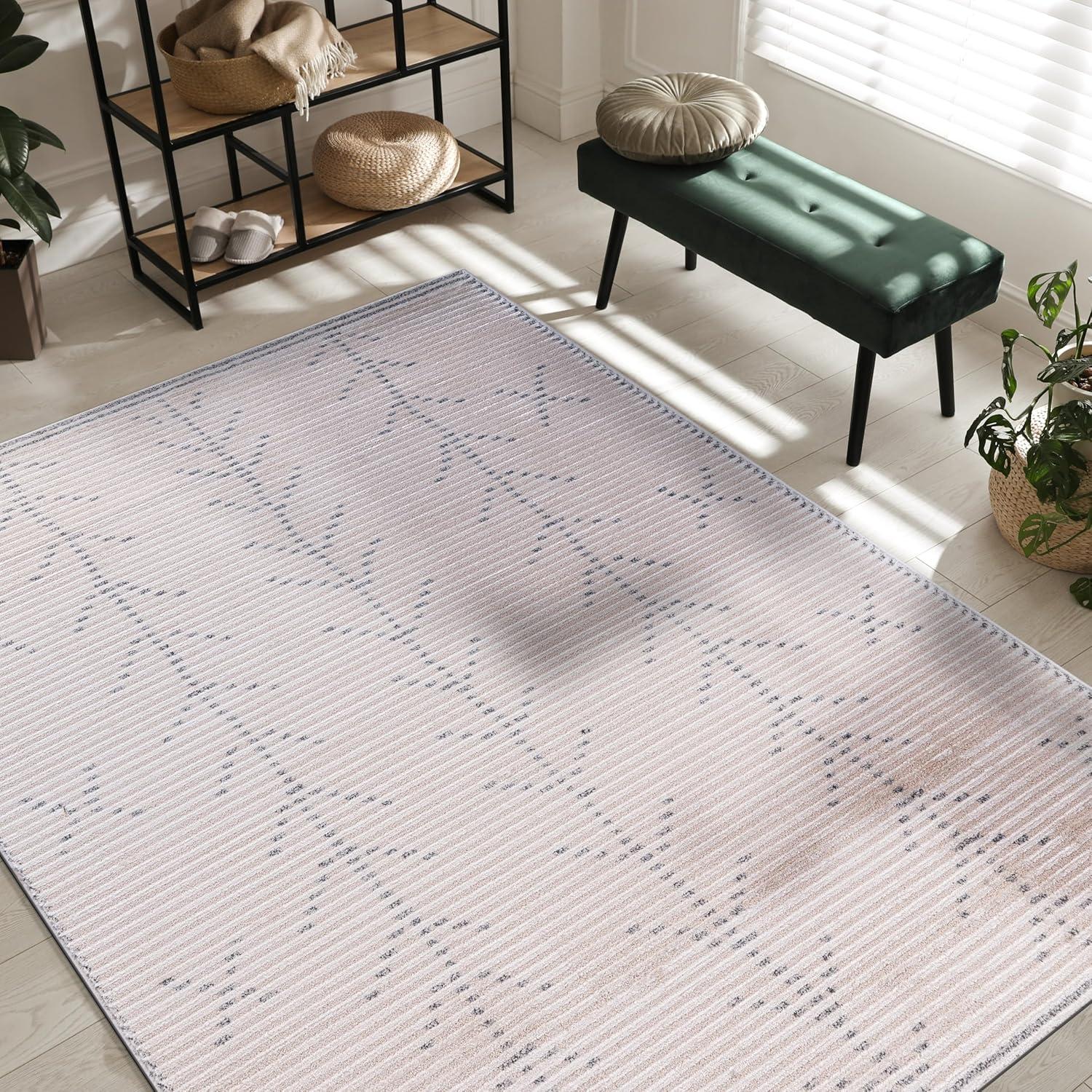 image:imageCAMILSON Baby Shag Rug 8x10 Modern Luxury Striped Boho Area Easy Shaggy Rugs Soft Medium Pile Stain Resistant EasyCleaning NonShedding for Living Room Office Indoor Carpet 8 x 10 Beige GrayMat3 Beige Gray