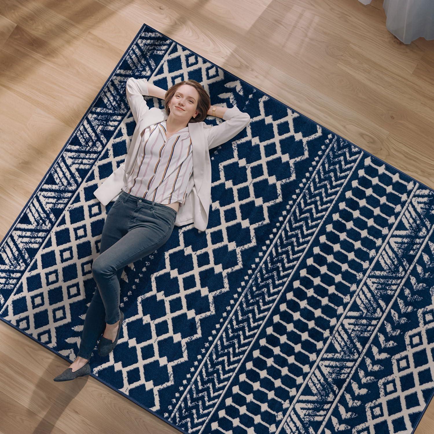 image:imageCAMILSON Baby Shag Rug 8x10 Modern Luxury Striped Boho Area Easy Shaggy Rugs Soft Medium Pile Stain Resistant EasyCleaning NonShedding for Living Room Office Indoor Carpet 8 x 10 Beige GrayBoho Navy Blue