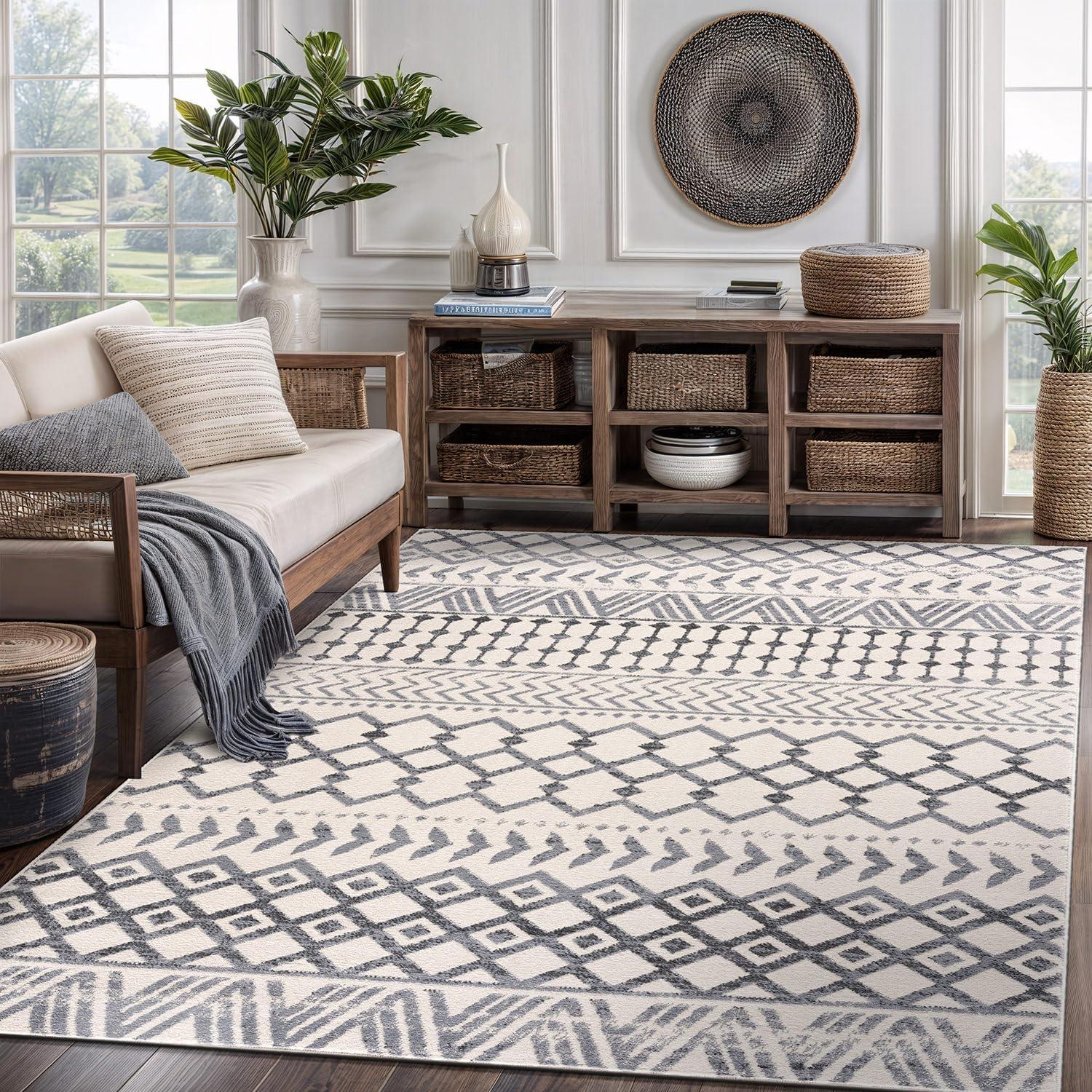 image:imageCAMILSON Baby Shag Rug 8x10 Modern Luxury Striped Boho Area Easy Shaggy Rugs Soft Medium Pile Stain Resistant EasyCleaning NonShedding for Living Room Office Indoor Carpet 8 x 10 Beige GrayBoho Grey