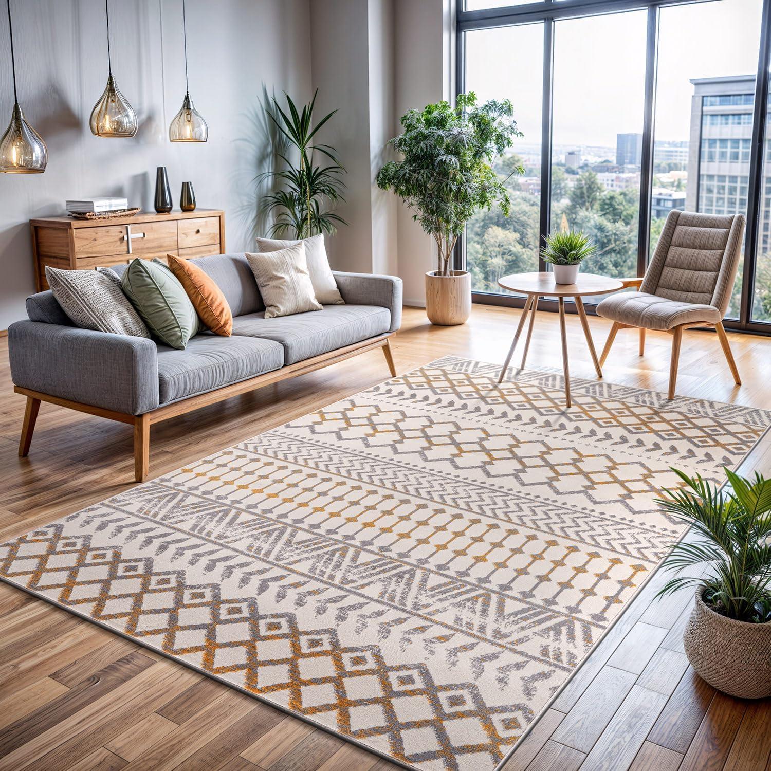image:imageCAMILSON Baby Shag Rug 8x10 Modern Luxury Striped Boho Area Easy Shaggy Rugs Soft Medium Pile Stain Resistant EasyCleaning NonShedding for Living Room Office Indoor Carpet 8 x 10 Beige GrayBoho Yellow