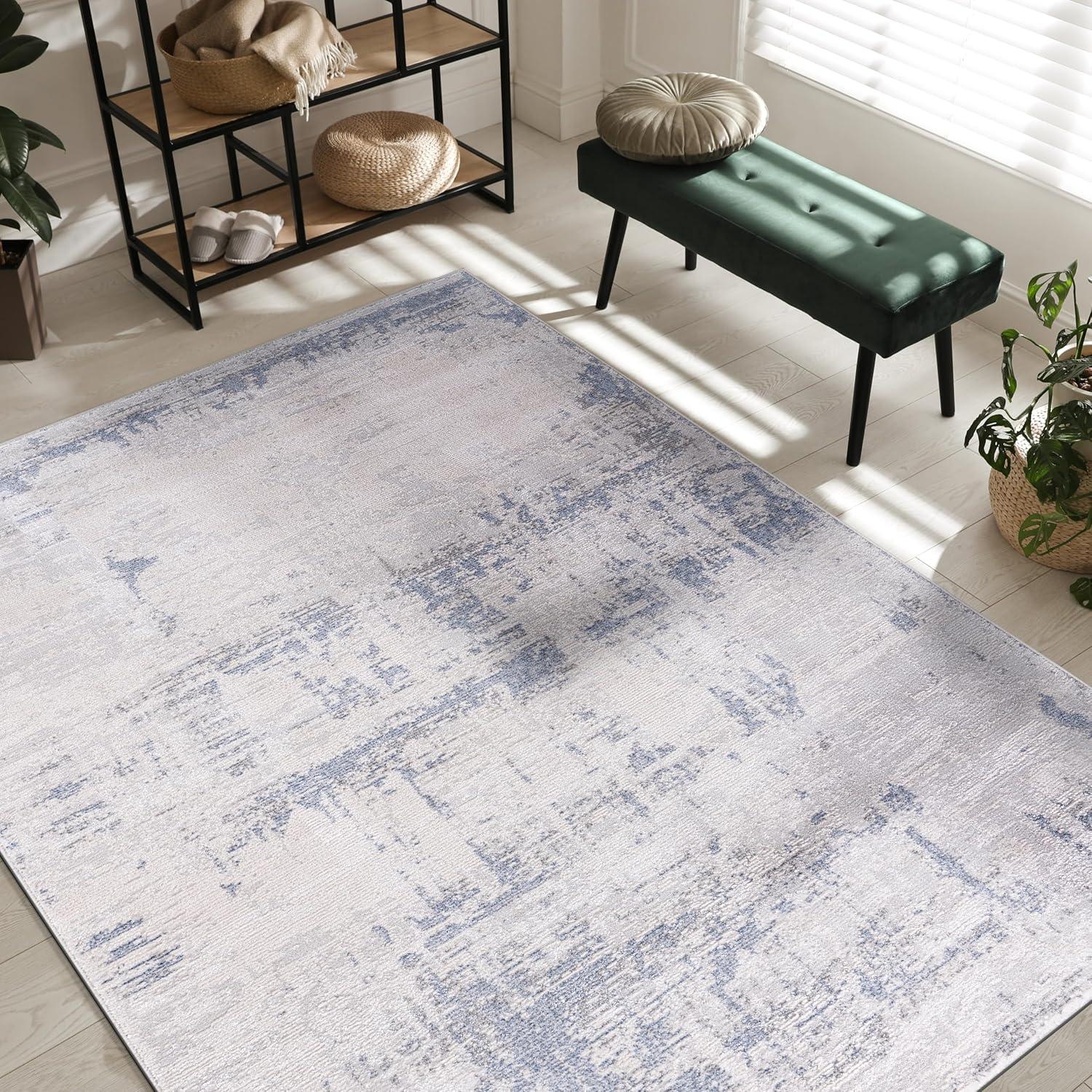 image:imageCAMILSON Baby Shag Rug 8x10 Modern Luxury Striped Boho Area Easy Shaggy Rugs Soft Medium Pile Stain Resistant EasyCleaning NonShedding for Living Room Office Indoor Carpet 8 x 10 Beige GrayPas5 Blue Gray