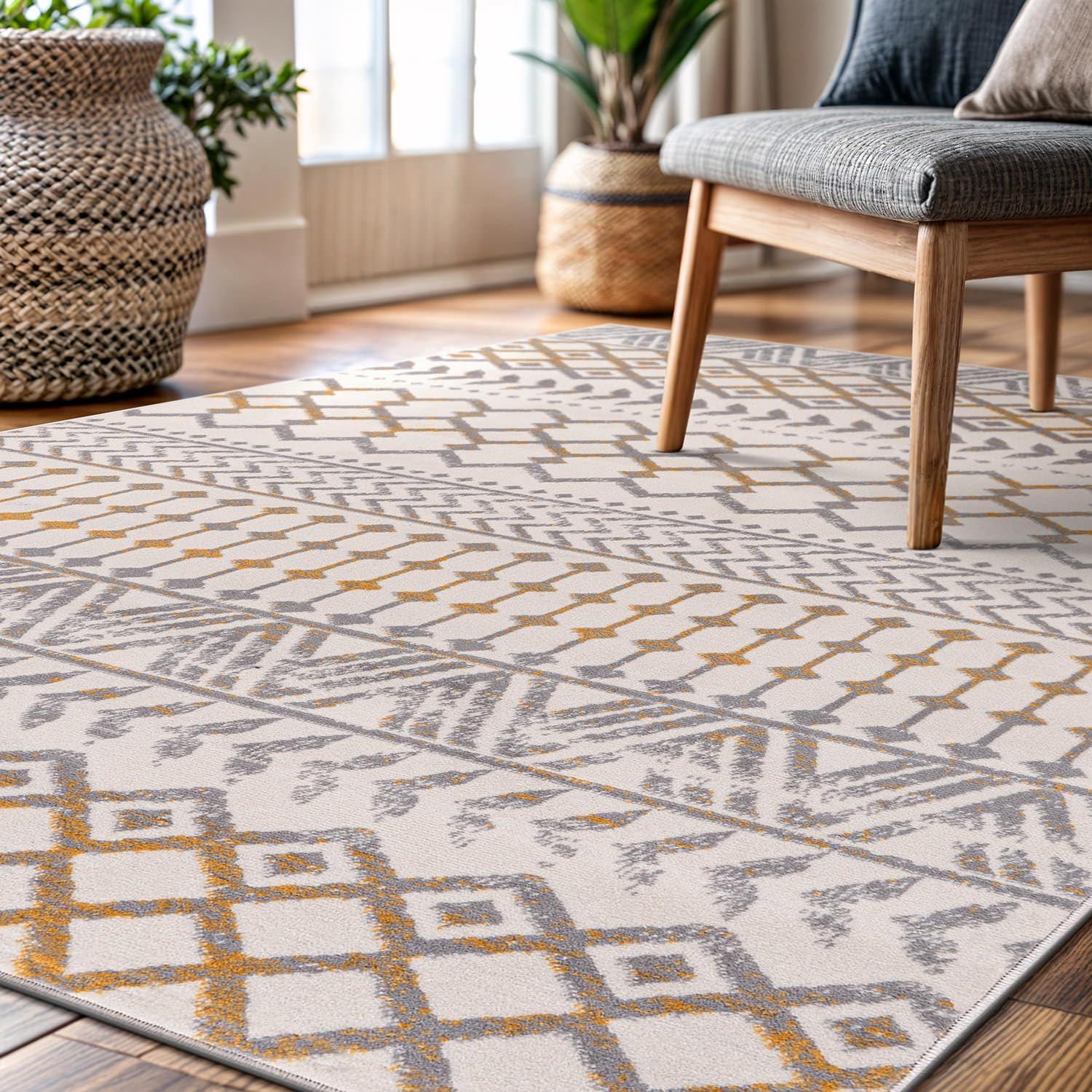 image:imageCAMILSON Baby Shag Rug 8x10 Modern Luxury Striped Boho Area Easy Shaggy Rugs Soft Medium Pile Stain Resistant EasyCleaning NonShedding for Living Room Office Indoor Carpet 8 x 10 Beige GrayBoho Yellow