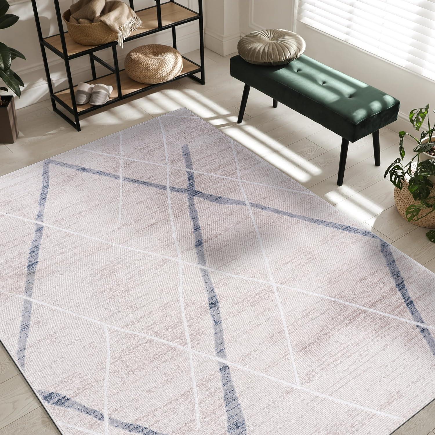 image:imageCAMILSON Baby Shag Rug 8x10 Modern Luxury Striped Boho Area Easy Shaggy Rugs Soft Medium Pile Stain Resistant EasyCleaning NonShedding for Living Room Office Indoor Carpet 8 x 10 Beige GrayPas7 Blue Beige