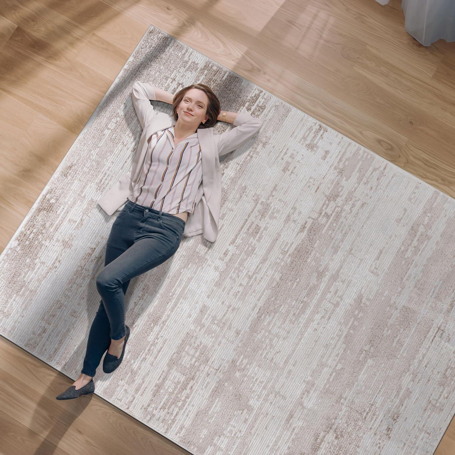 image:imageCAMILSON Baby Shag Rug 8x10 Modern Luxury Striped Boho Area Easy Shaggy Rugs Soft Medium Pile Stain Resistant EasyCleaning NonShedding for Living Room Office Indoor Carpet 8 x 10 Beige GrayPas2 Beige White