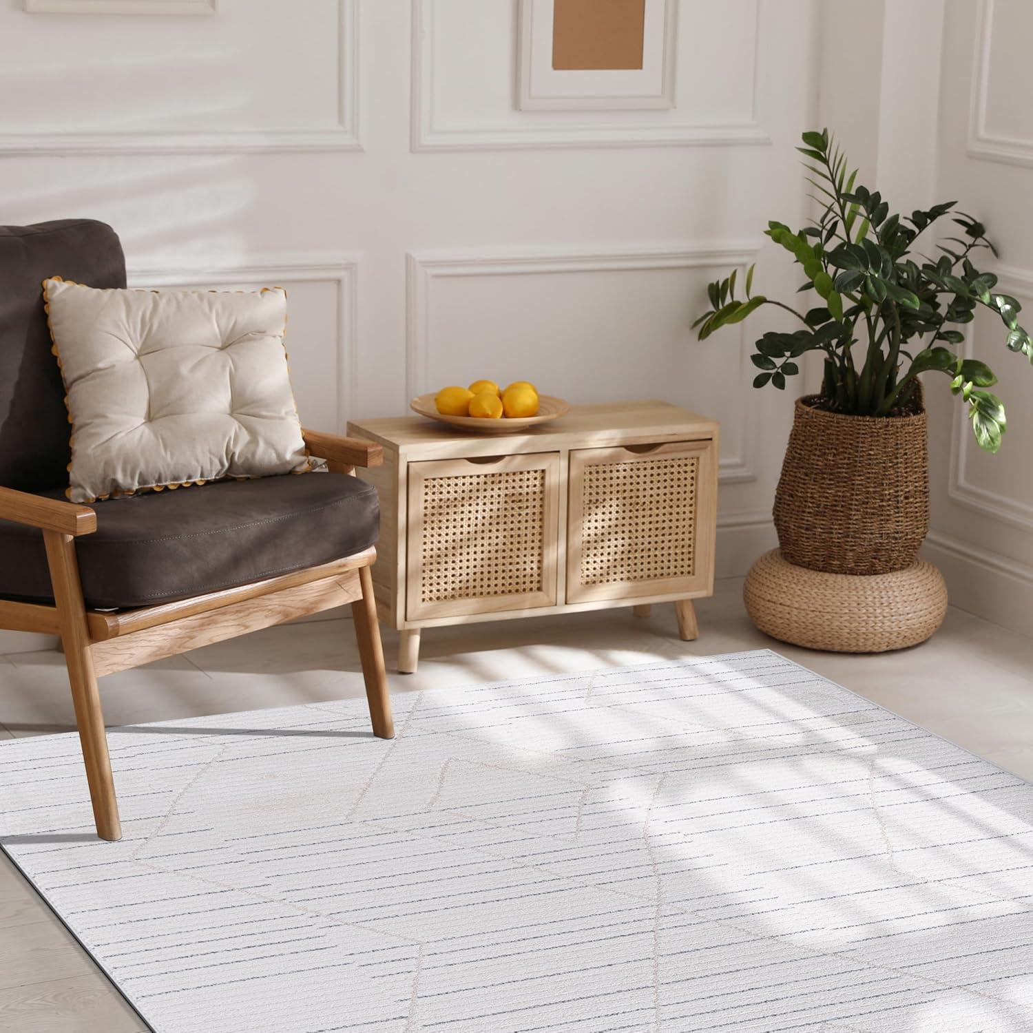 image:imageCAMILSON Baby Shag Rug 8x10 Modern Luxury Striped Boho Area Easy Shaggy Rugs Soft Medium Pile Stain Resistant EasyCleaning NonShedding for Living Room Office Indoor Carpet 8 x 10 Beige GrayMat4 Beige Gray