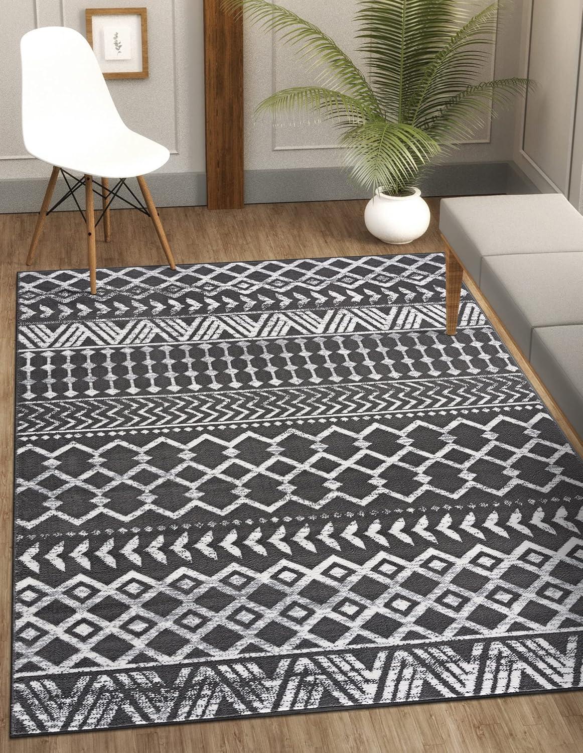 image:imageCAMILSON Boho Moroccan Area Rug 53 x 70 Geometric Diamond Design for Living Room Bedroom Dark Grey Cream Indoor Area Rugs Bohemian
