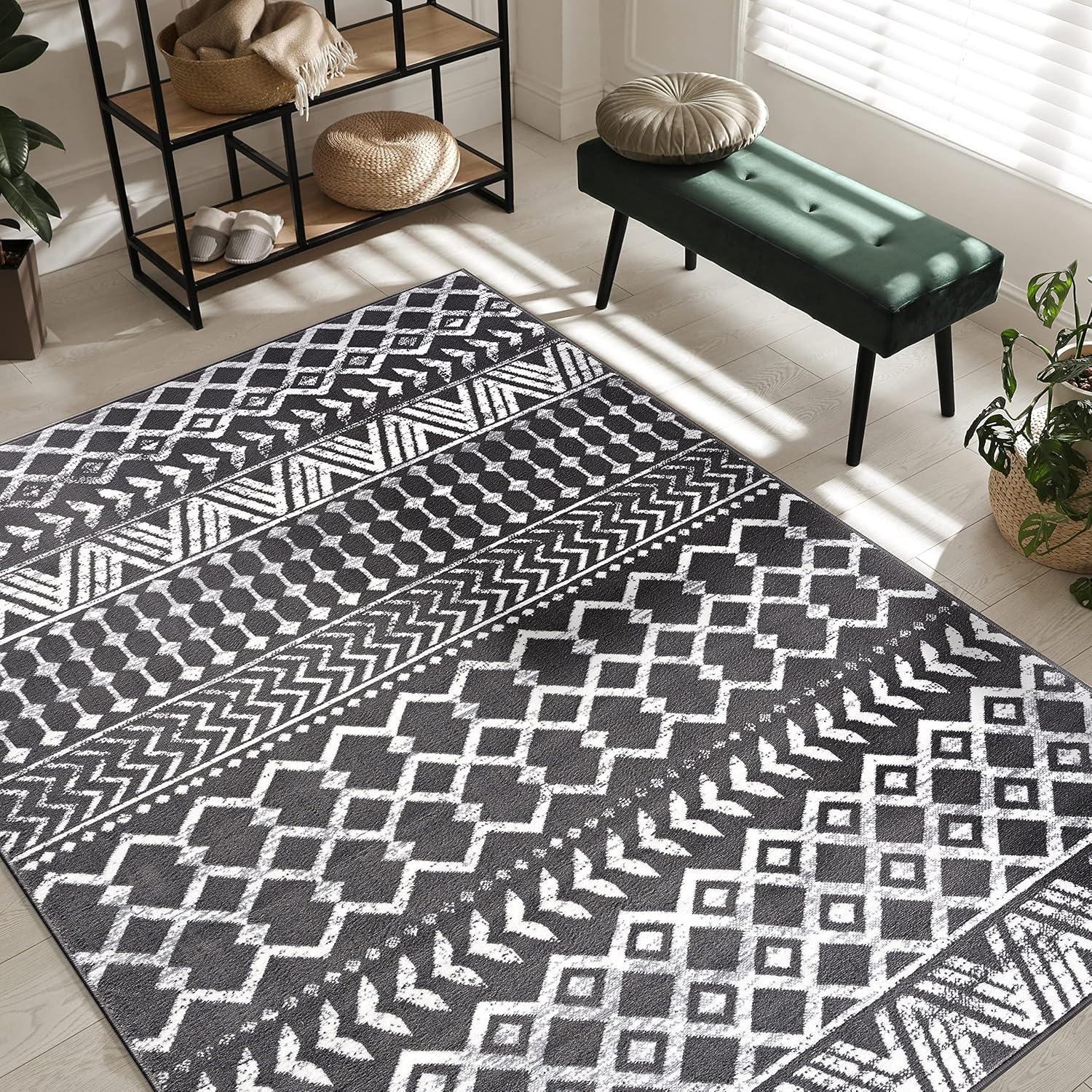image:imageCAMILSON Boho Moroccan Area Rug 53 x 70 Geometric Diamond Design for Living Room Bedroom Dark Grey Cream Indoor Area Rugs Bohemian