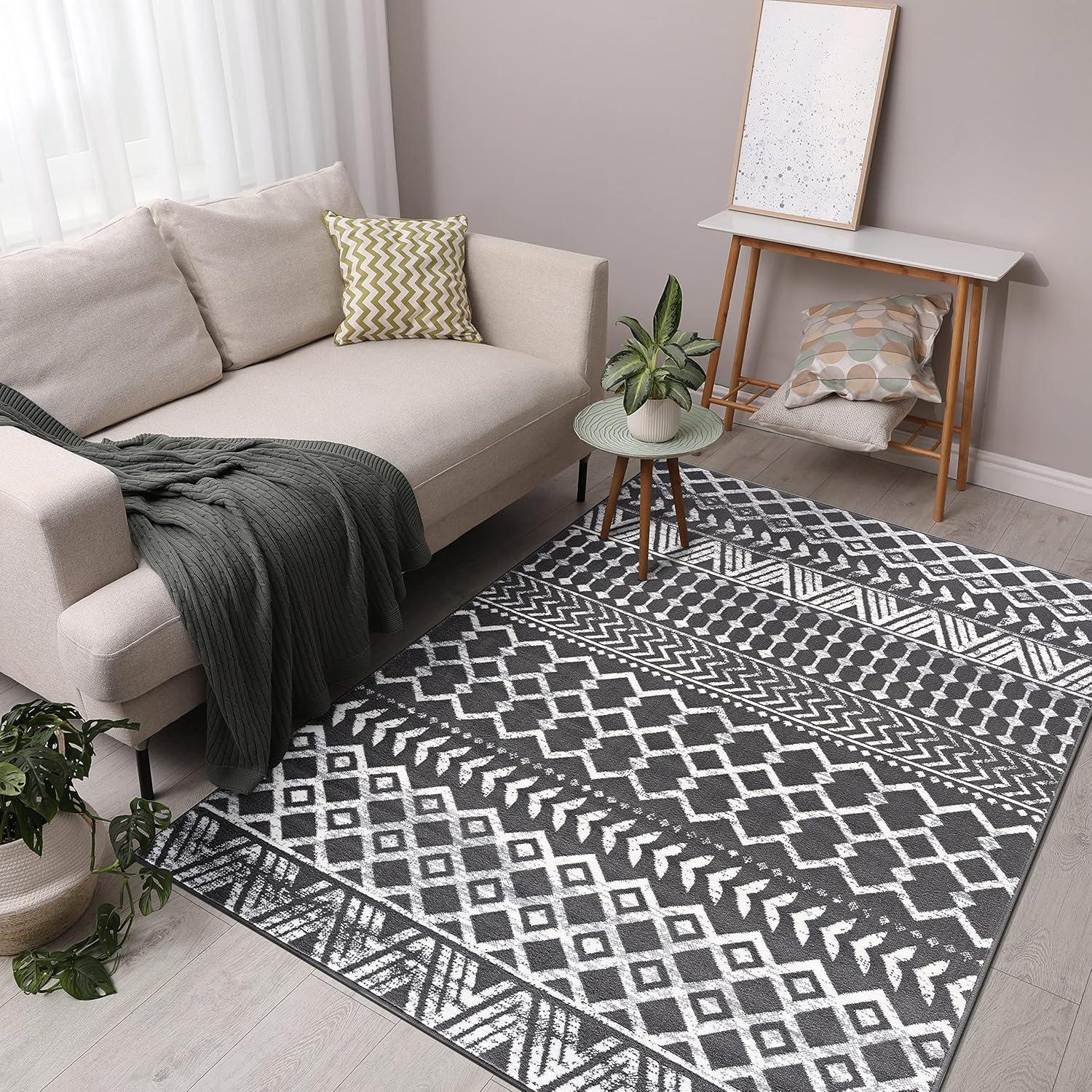 image:imageCAMILSON Boho Moroccan Area Rug 53 x 70 Geometric Diamond Design for Living Room Bedroom Dark Grey Cream Indoor Area Rugs Bohemian