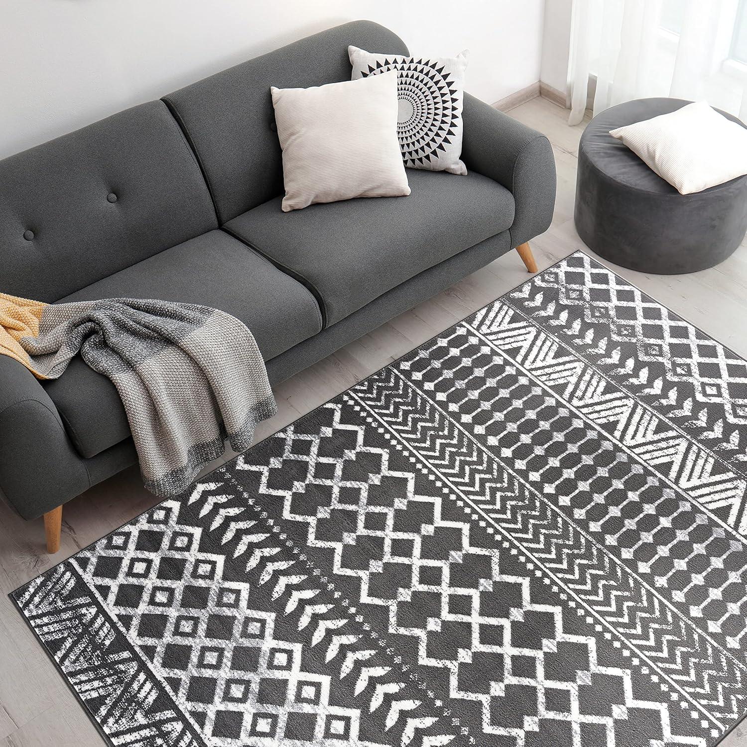 image:imageCAMILSON Boho Moroccan Area Rug 53 x 70 Geometric Diamond Design for Living Room Bedroom Dark Grey Cream Indoor Area Rugs Bohemian