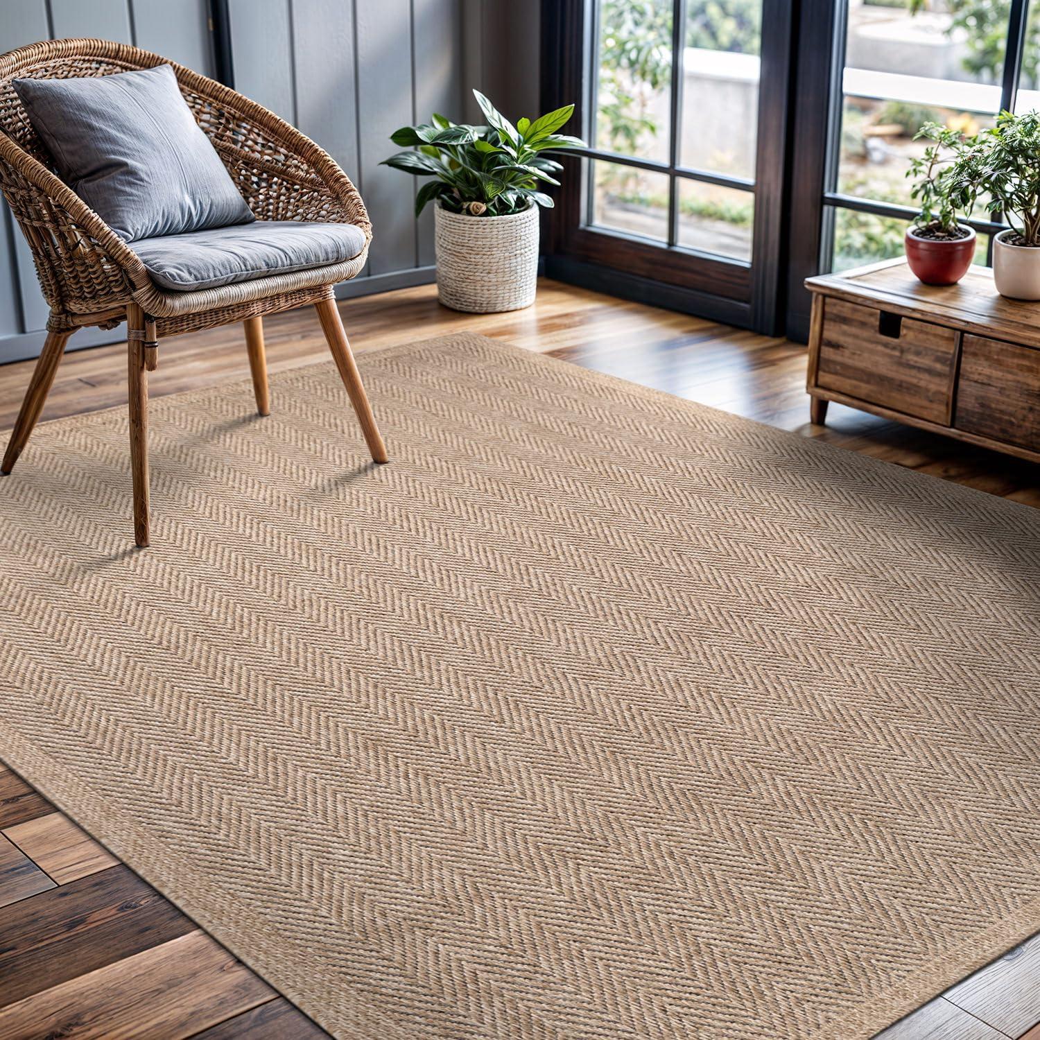 image:imageCAMILSON Easy Jute Rug 5x7 Indoor Outdoor Natural Color Fiber Area Rugs for Living Room Patio and Kitchen Rug Herringbone Seagrass Woven Design EasyCleaning Washable Outside Carpet Alfombras 5 x 7HerringboneNatural