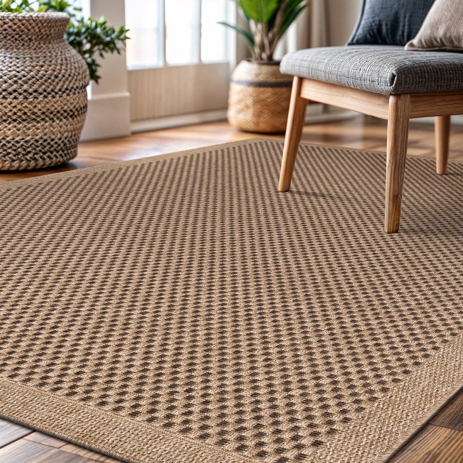 image:imageCAMILSON Easy Jute Rug 5x7 Indoor Outdoor Natural Color Fiber Area Rugs for Living Room Patio and Kitchen Rug Herringbone Seagrass Woven Design EasyCleaning Washable Outside Carpet Alfombras 5 x 7CheckeredNatural