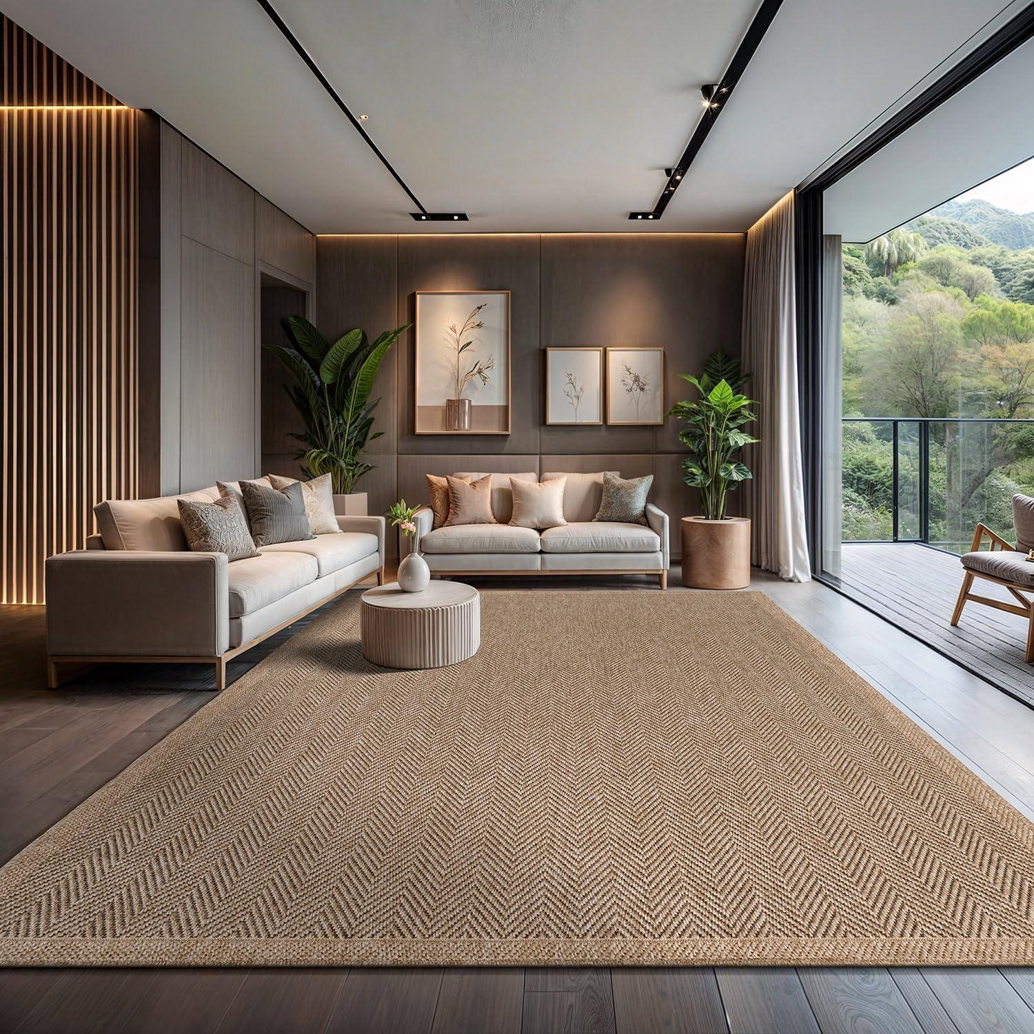 image:imageCAMILSON Easy Jute Rug 5x7 Indoor Outdoor Natural Color Fiber Area Rugs for Living Room Patio and Kitchen Rug Herringbone Seagrass Woven Design EasyCleaning Washable Outside Carpet Alfombras 5 x 7HerringboneNatural