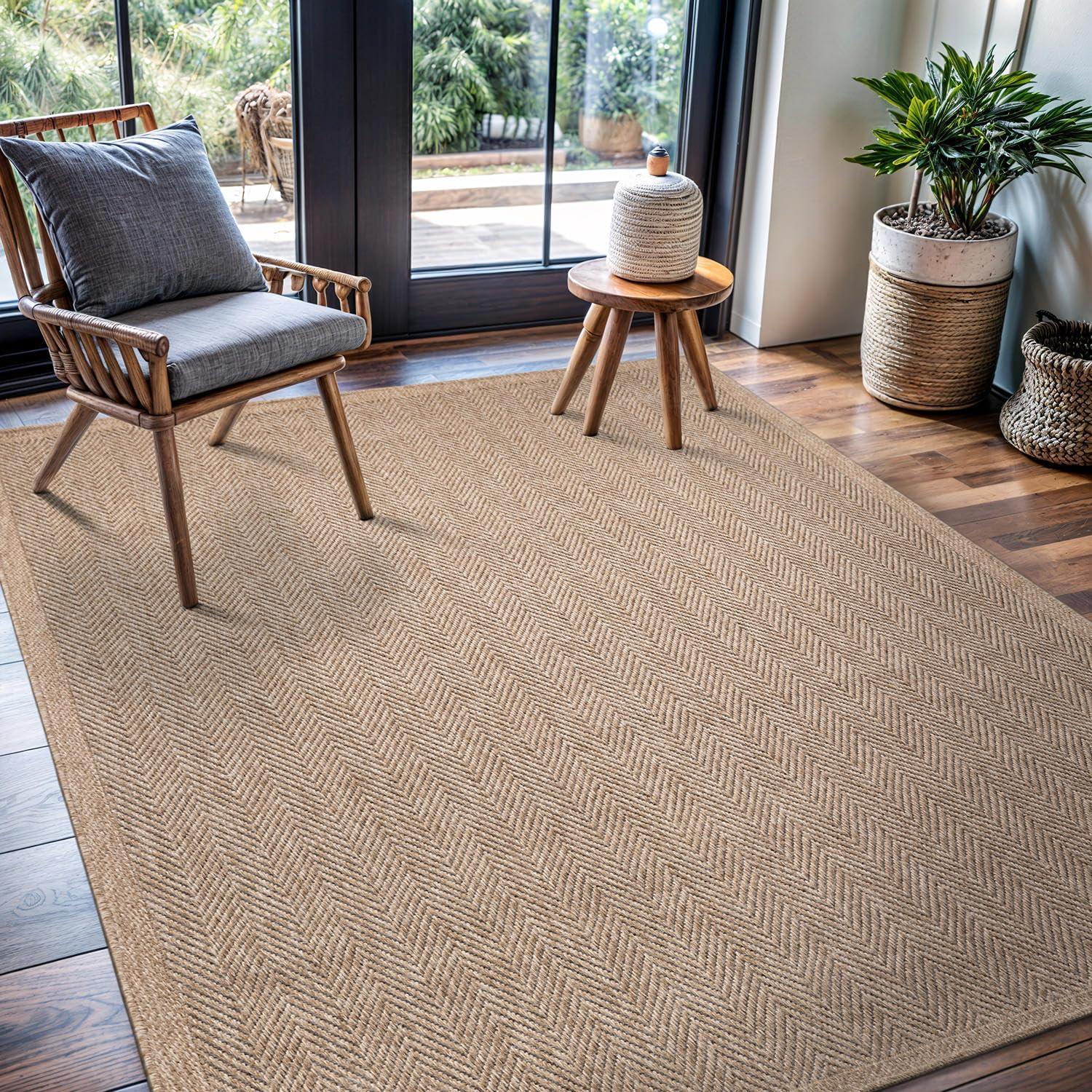 image:imageCAMILSON Easy Jute Rug 5x7 Indoor Outdoor Natural Color Fiber Area Rugs for Living Room Patio and Kitchen Rug Herringbone Seagrass Woven Design EasyCleaning Washable Outside Carpet Alfombras 5 x 7HerringboneNatural
