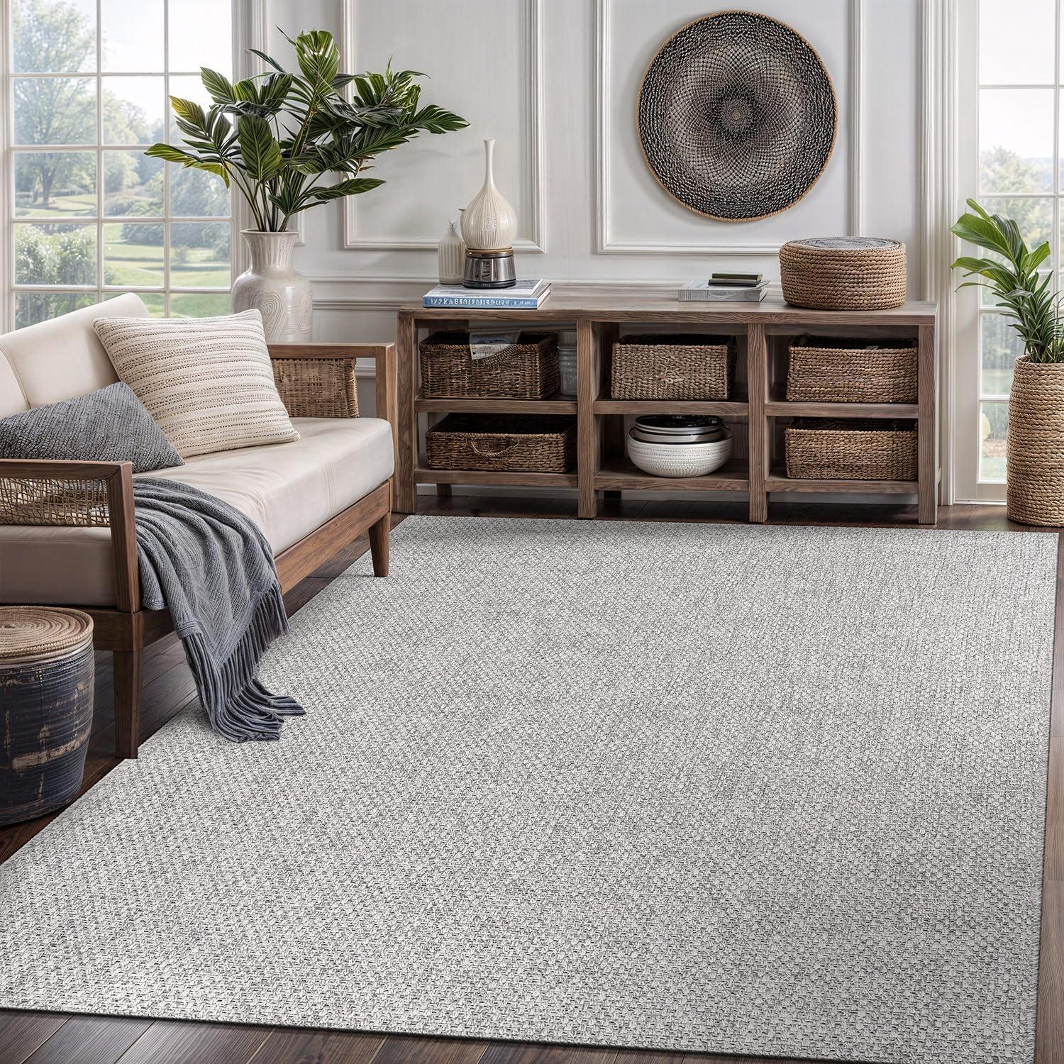 image:imageCAMILSON Easy Jute Rug 5x7 Indoor Outdoor Natural Color Fiber Area Rugs for Living Room Patio and Kitchen Rug Herringbone Seagrass Woven Design EasyCleaning Washable Outside Carpet Alfombras 5 x 7BasketweaveSilver