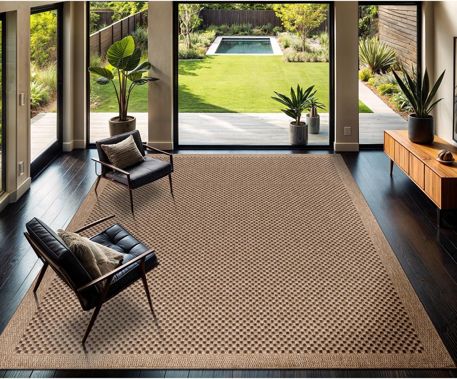 image:imageCAMILSON Easy Jute Rug 5x7 Indoor Outdoor Natural Color Fiber Area Rugs for Living Room Patio and Kitchen Rug Herringbone Seagrass Woven Design EasyCleaning Washable Outside Carpet Alfombras 5 x 7CheckeredNatural