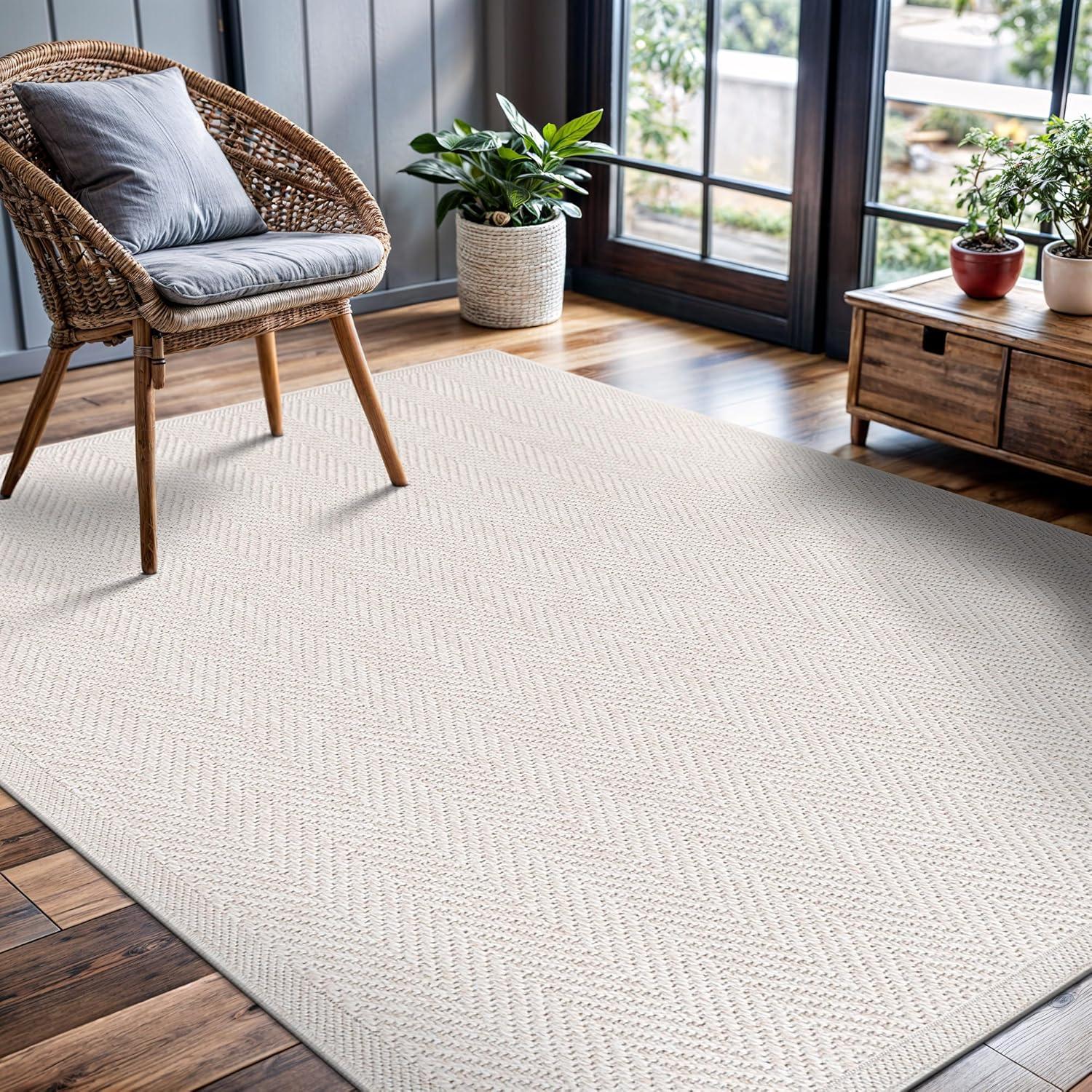 image:imageCAMILSON Easy Jute Rug 5x7 Indoor Outdoor Natural Color Fiber Area Rugs for Living Room Patio and Kitchen Rug Herringbone Seagrass Woven Design EasyCleaning Washable Outside Carpet Alfombras 5 x 7HerringboneBone