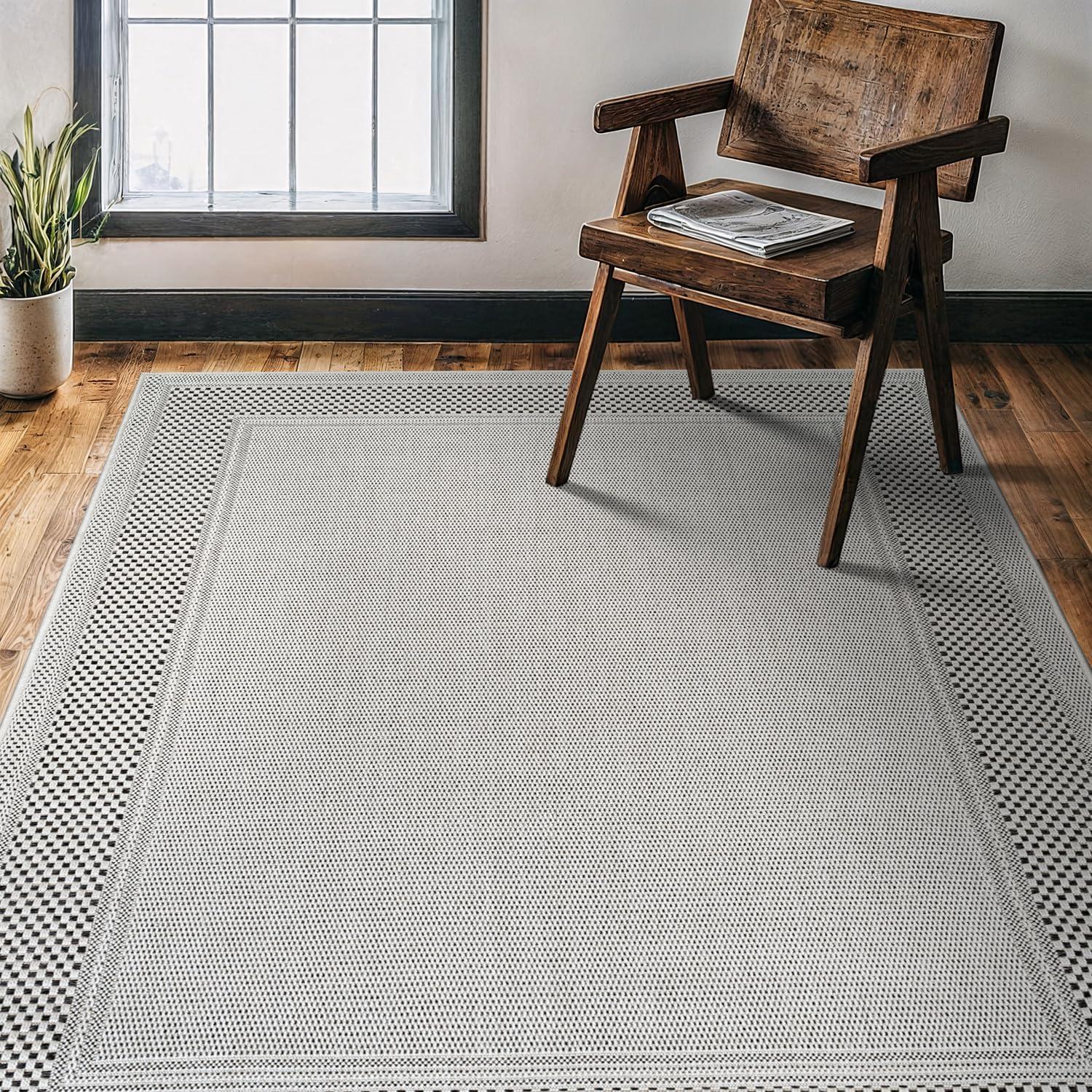 image:imageCAMILSON Easy Jute Rug 5x7 Indoor Outdoor Natural Color Fiber Area Rugs for Living Room Patio and Kitchen Rug Herringbone Seagrass Woven Design EasyCleaning Washable Outside Carpet Alfombras 5 x 7BorderedBoneblack