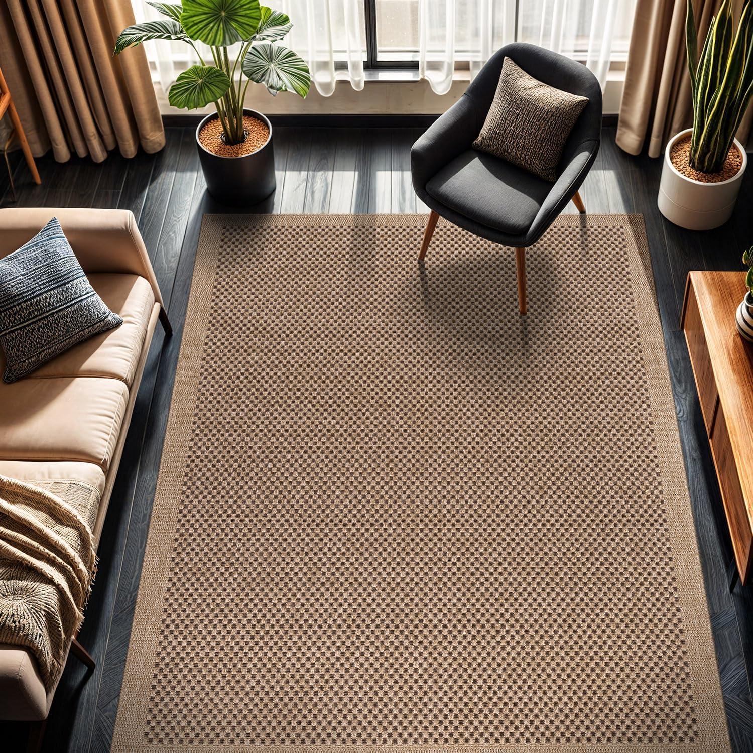 image:imageCAMILSON Easy Jute Rug 5x7 Indoor Outdoor Natural Color Fiber Area Rugs for Living Room Patio and Kitchen Rug Herringbone Seagrass Woven Design EasyCleaning Washable Outside Carpet Alfombras 5 x 7CheckeredNatural