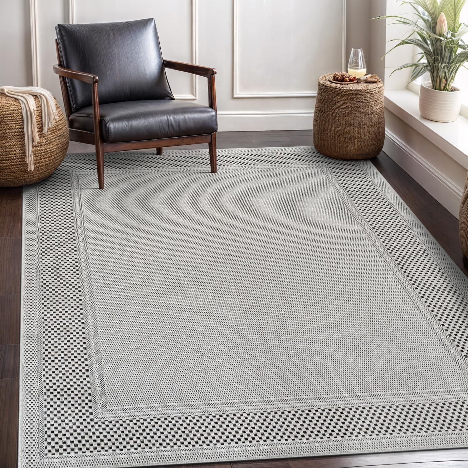 image:imageCAMILSON Easy Jute Rug 5x7 Indoor Outdoor Natural Color Fiber Area Rugs for Living Room Patio and Kitchen Rug Herringbone Seagrass Woven Design EasyCleaning Washable Outside Carpet Alfombras 5 x 7BorderedBoneblack