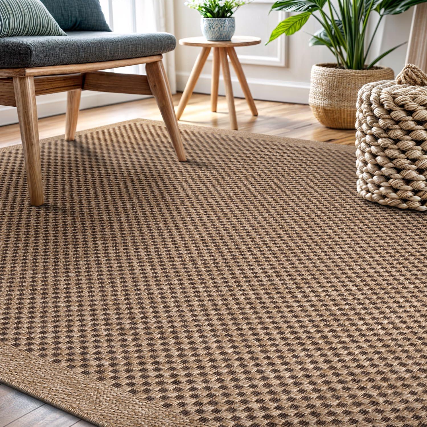 image:imageCAMILSON Easy Jute Rug 5x7 Indoor Outdoor Natural Color Fiber Area Rugs for Living Room Patio and Kitchen Rug Herringbone Seagrass Woven Design EasyCleaning Washable Outside Carpet Alfombras 5 x 7CheckeredNatural