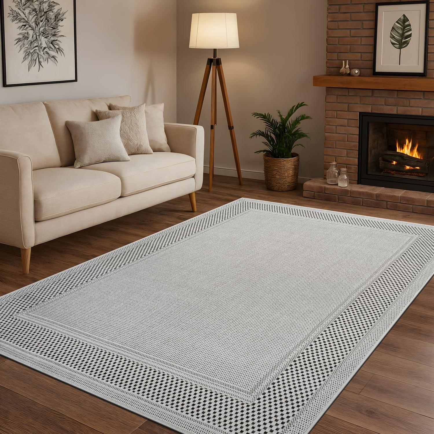 image:imageCAMILSON Easy Jute Rug 5x7 Indoor Outdoor Natural Color Fiber Area Rugs for Living Room Patio and Kitchen Rug Herringbone Seagrass Woven Design EasyCleaning Washable Outside Carpet Alfombras 5 x 7BorderedBoneblack