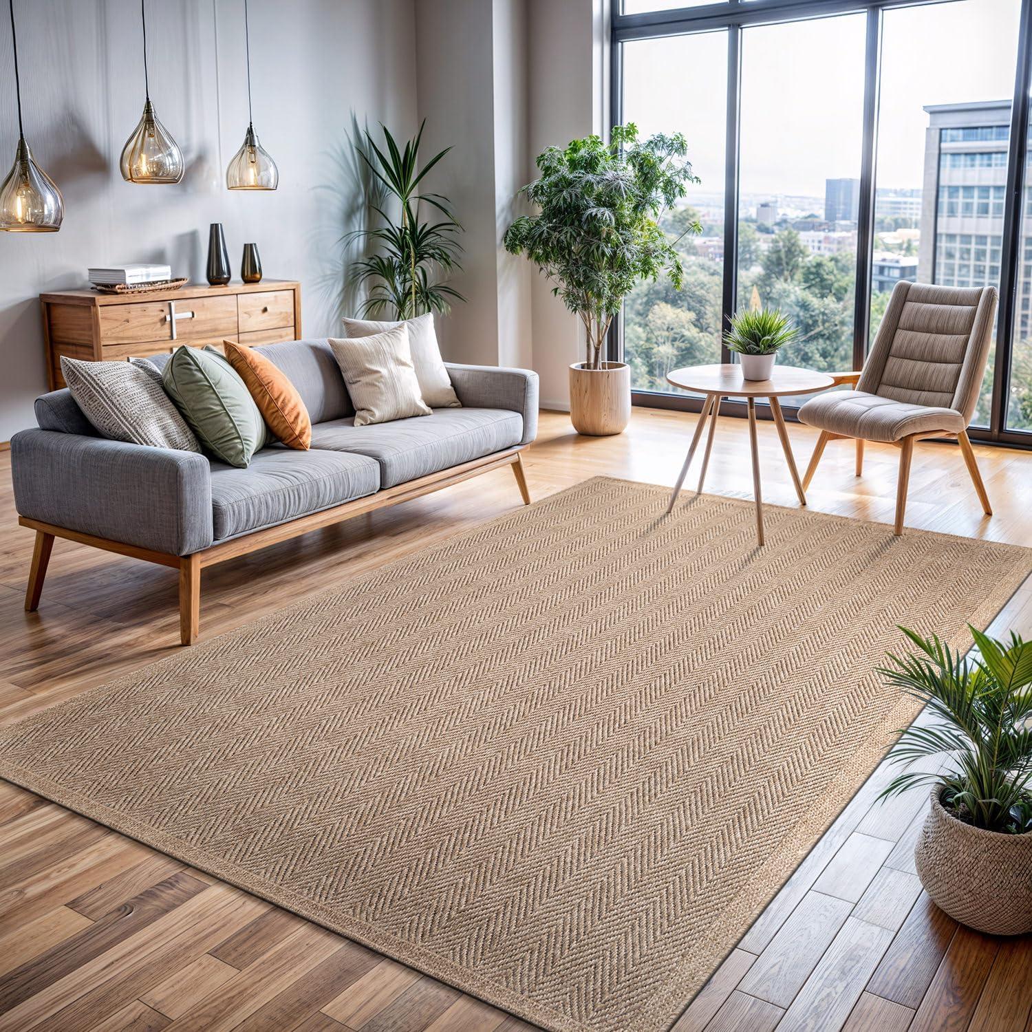 image:imageCAMILSON Easy Jute Rug 5x7 Indoor Outdoor Natural Color Fiber Area Rugs for Living Room Patio and Kitchen Rug Herringbone Seagrass Woven Design EasyCleaning Washable Outside Carpet Alfombras 5 x 7HerringboneNatural