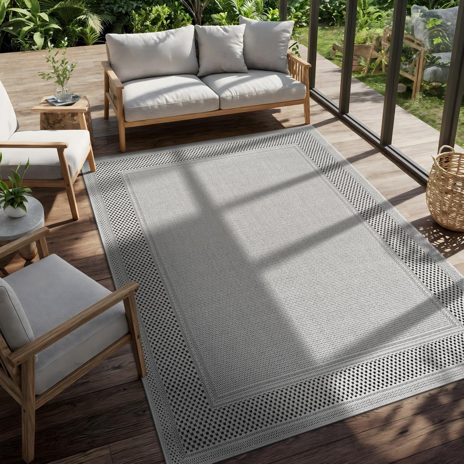 image:imageCAMILSON Easy Jute Rug 5x7 Indoor Outdoor Natural Color Fiber Area Rugs for Living Room Patio and Kitchen Rug Herringbone Seagrass Woven Design EasyCleaning Washable Outside Carpet Alfombras 5 x 7BorderedBoneblack