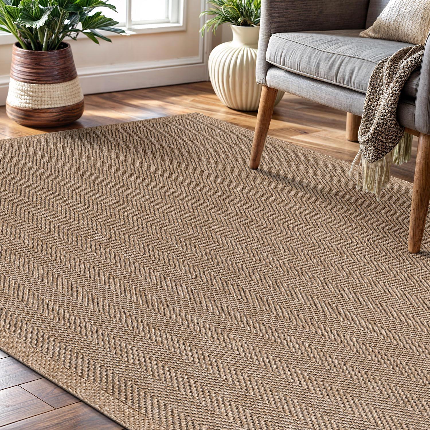 image:imageCAMILSON Easy Jute Rug 5x7 Indoor Outdoor Natural Color Fiber Area Rugs for Living Room Patio and Kitchen Rug Herringbone Seagrass Woven Design EasyCleaning Washable Outside Carpet Alfombras 5 x 7HerringboneNatural