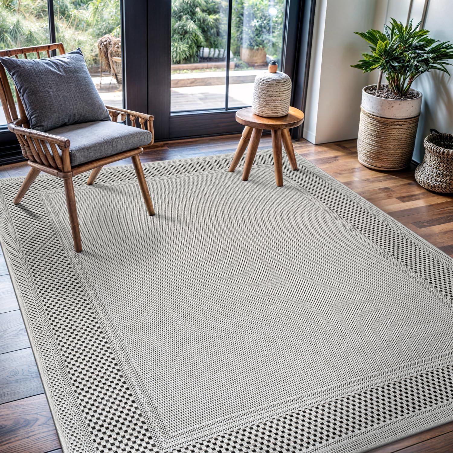 image:imageCAMILSON Easy Jute Rug 5x7 Indoor Outdoor Natural Color Fiber Area Rugs for Living Room Patio and Kitchen Rug Herringbone Seagrass Woven Design EasyCleaning Washable Outside Carpet Alfombras 5 x 7BorderedBoneblack