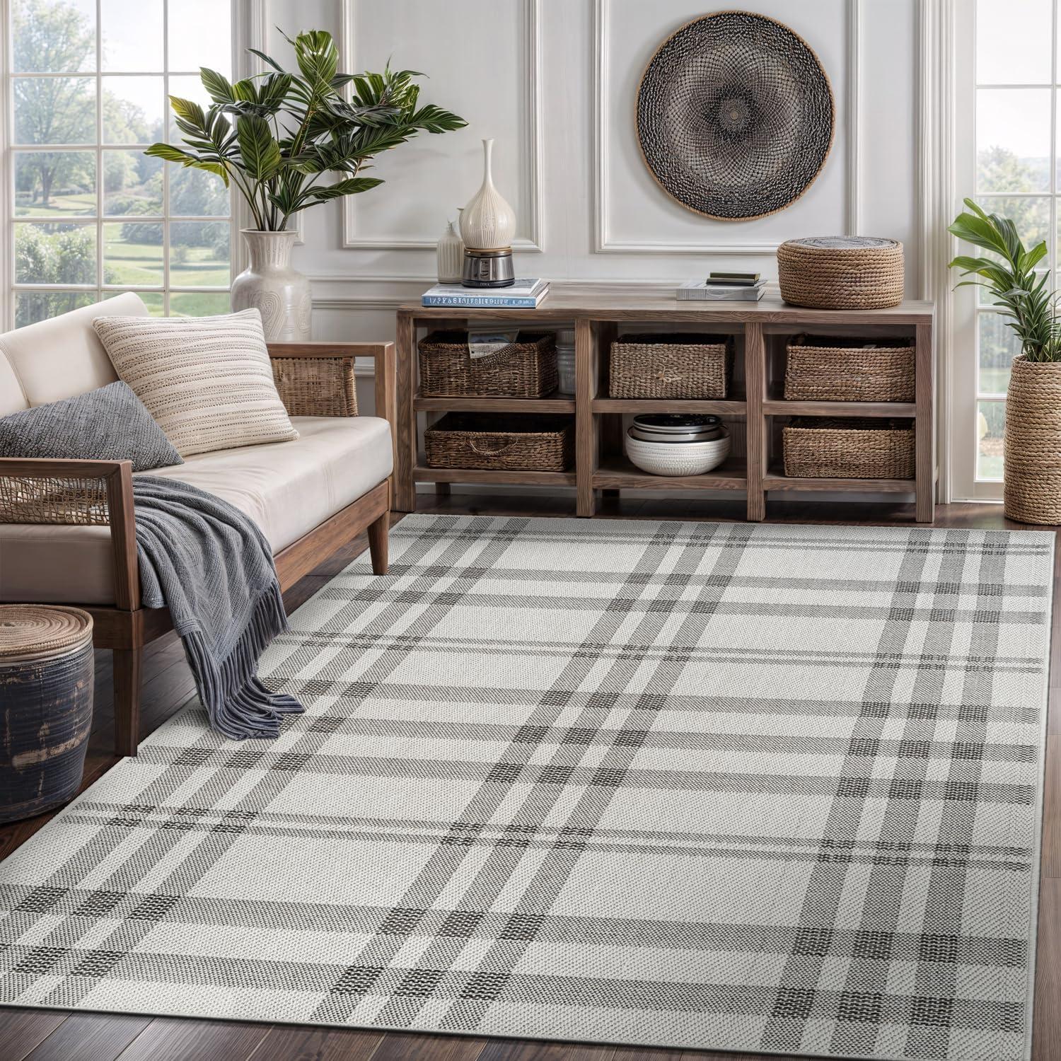 image:imageCAMILSON Easy Jute Rug 5x7 Indoor Outdoor Natural Color Fiber Area Rugs for Living Room Patio and Kitchen Rug Herringbone Seagrass Woven Design EasyCleaning Washable Outside Carpet Alfombras 5 x 7BoxBoneblack