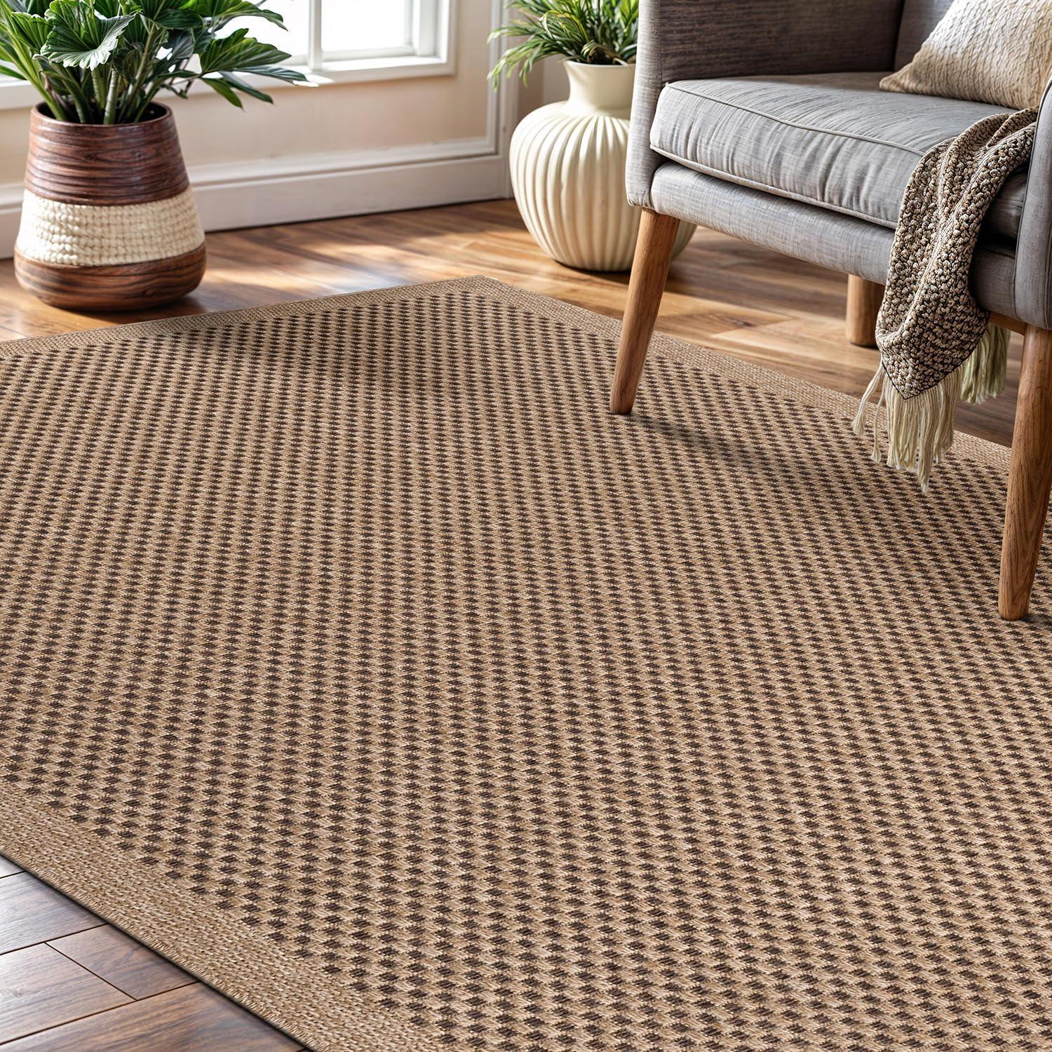 image:imageCAMILSON Easy Jute Rug 5x7 Indoor Outdoor Natural Color Fiber Area Rugs for Living Room Patio and Kitchen Rug Herringbone Seagrass Woven Design EasyCleaning Washable Outside Carpet Alfombras 5 x 7CheckeredNatural