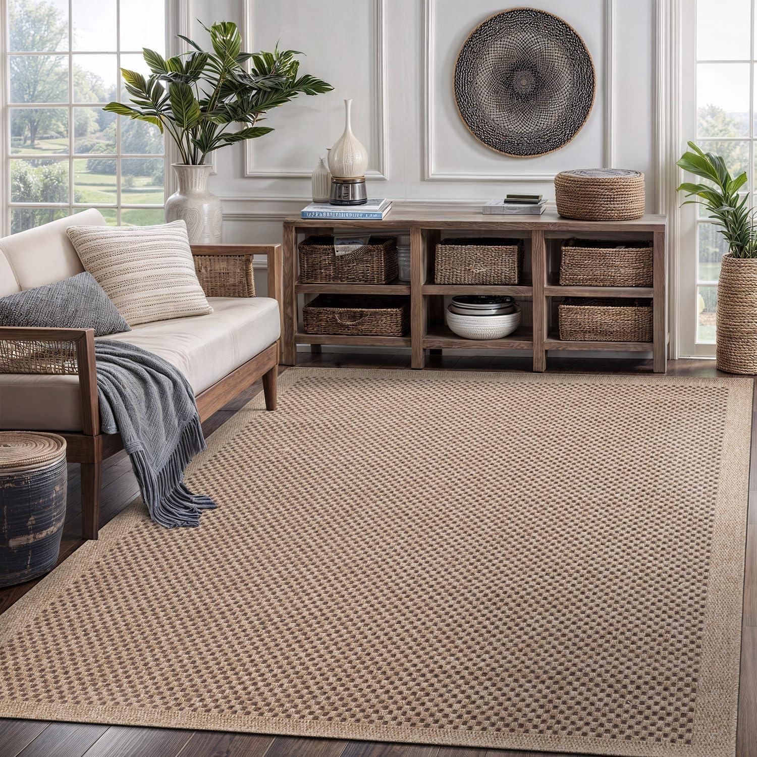 image:imageCAMILSON Easy Jute Rug 5x7 Indoor Outdoor Natural Color Fiber Area Rugs for Living Room Patio and Kitchen Rug Herringbone Seagrass Woven Design EasyCleaning Washable Outside Carpet Alfombras 5 x 7CheckeredNatural