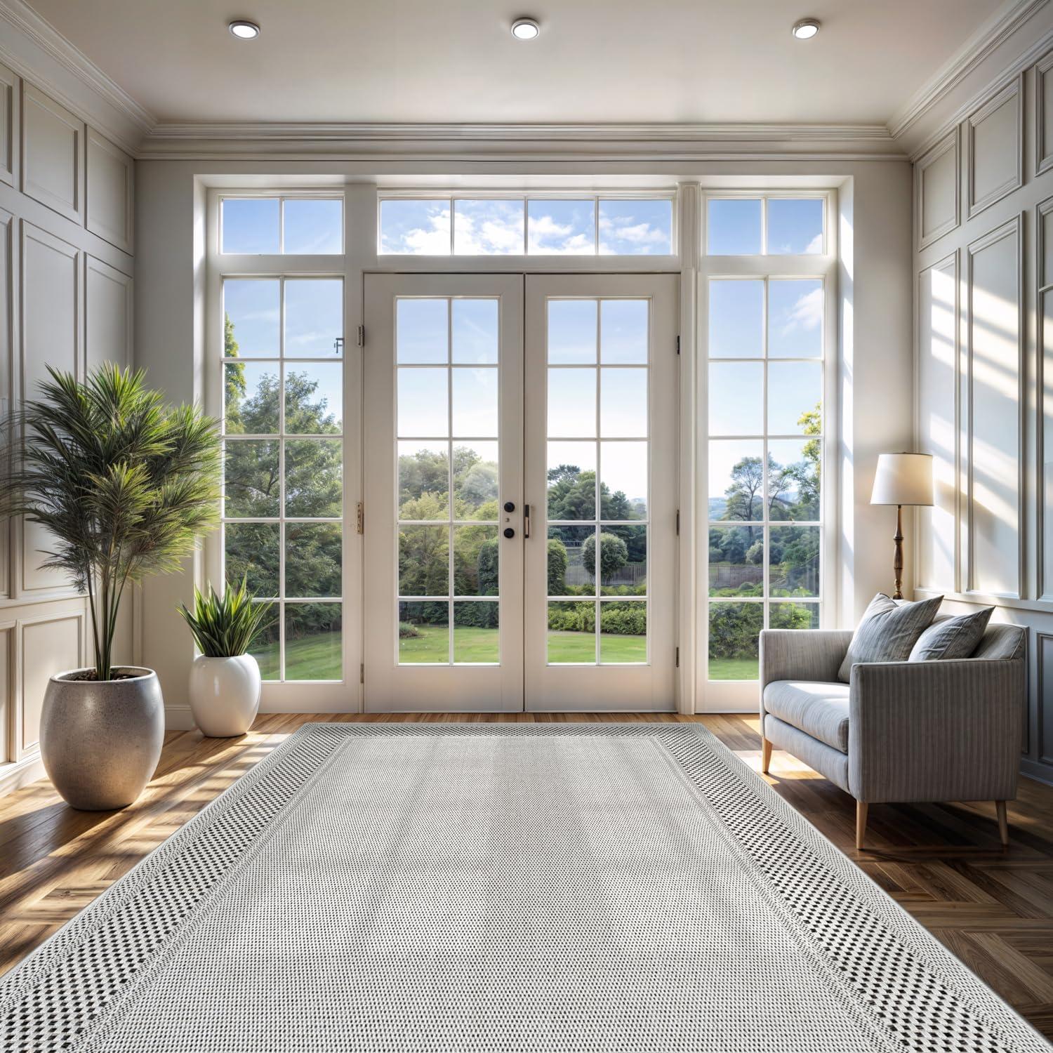image:imageCAMILSON Easy Jute Rug 5x7 Indoor Outdoor Natural Color Fiber Area Rugs for Living Room Patio and Kitchen Rug Herringbone Seagrass Woven Design EasyCleaning Washable Outside Carpet Alfombras 5 x 7BorderedBoneblack